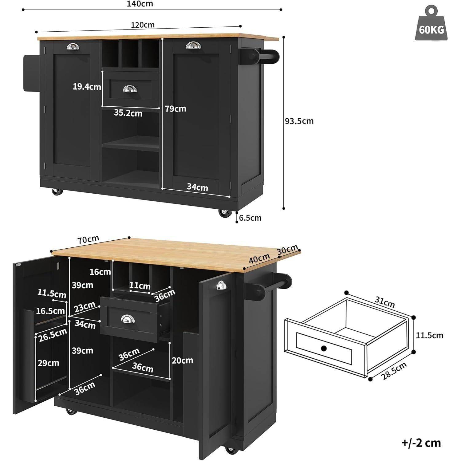 Kücheniselschrank auf Rollen mit Holzplatte, abgebildet mit Abmessungen, Lagerregalen, Schubladen und einer Gewichtsbegrenzung von 60 kg.