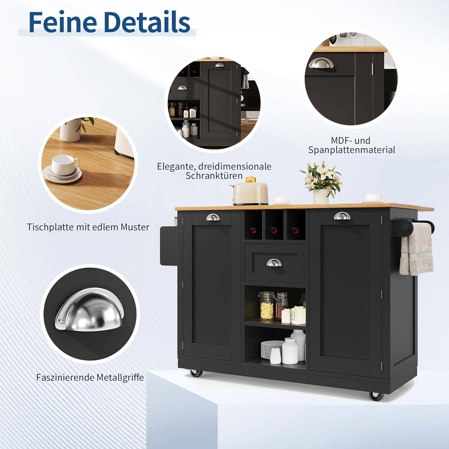 Werbebild eines dunklen Kücheninseln-Unterschranks mit Holzplatte, beschriftet mit „Feine Details