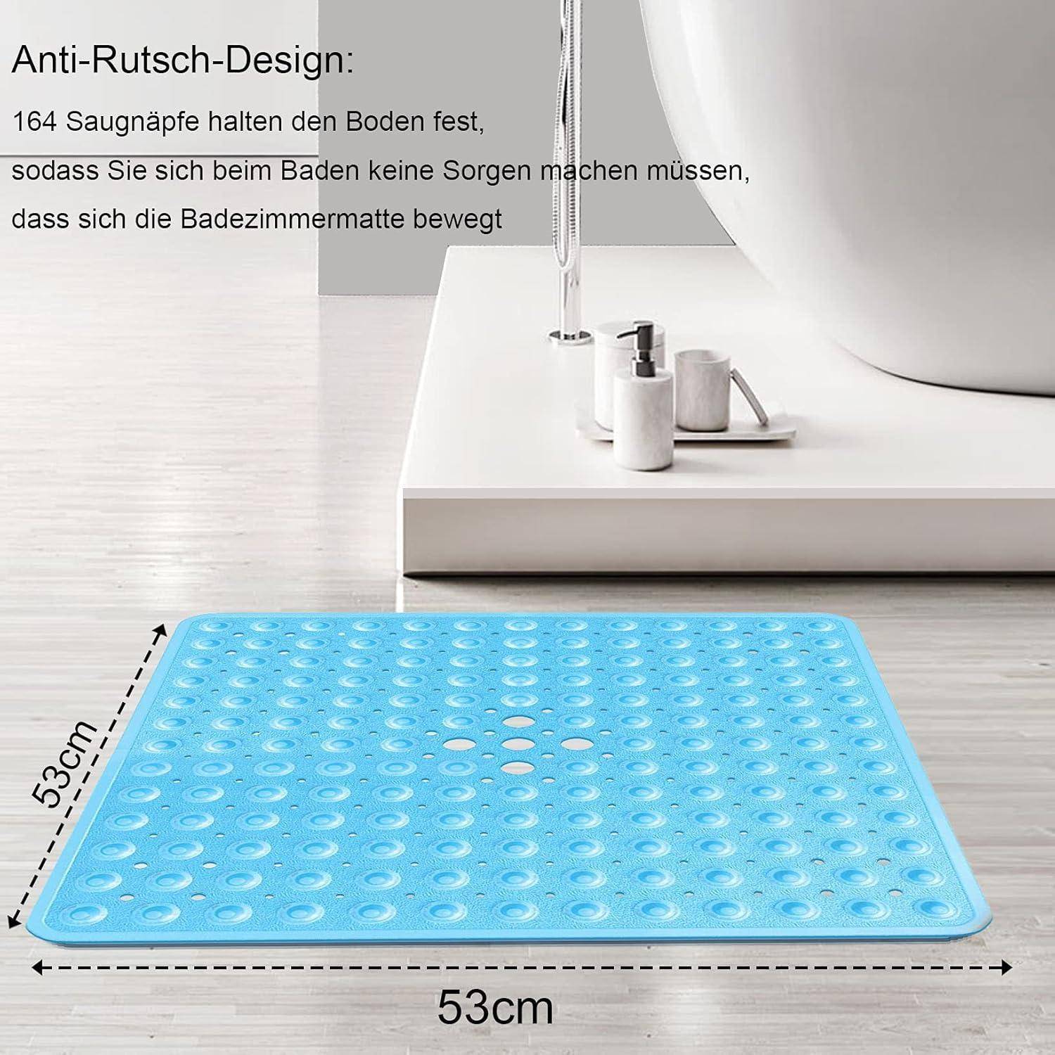 Blaue rutschfeste Badewannenmatte mit Saugnapfen, beschriftet 53 cm x 53 cm, neben einer Badewanne im Badezimmer dargestellt.