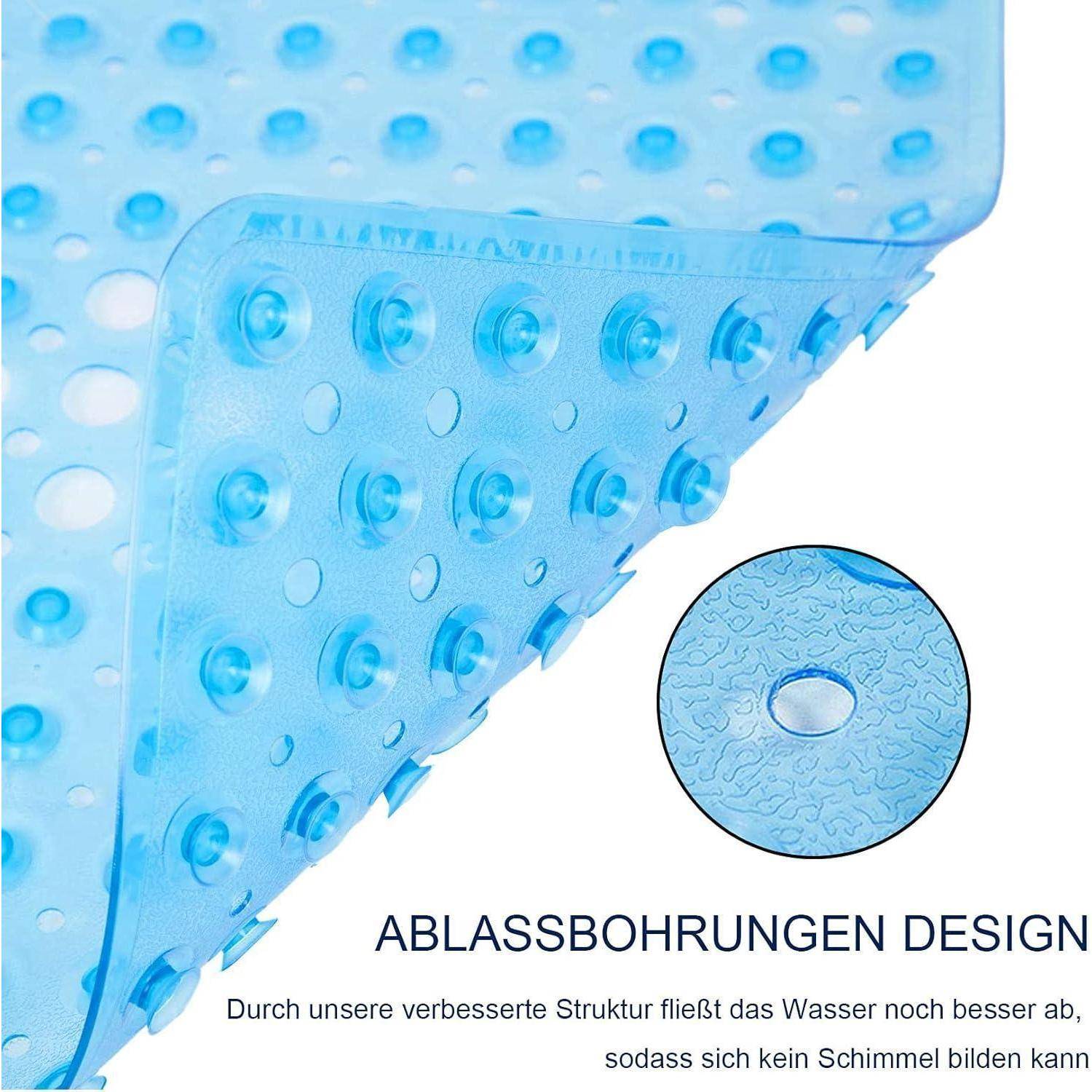 Blaue rutschfeste Badewannenmatte in der Ecke mit Saugnapfhaltern und Ablasslöchern, mit der Bezeichnung „ABLASSBOHRUNGEN DESIGN", zeigt, dass Wasser besser abfließt, um Schimmelbildung zu verhindern.