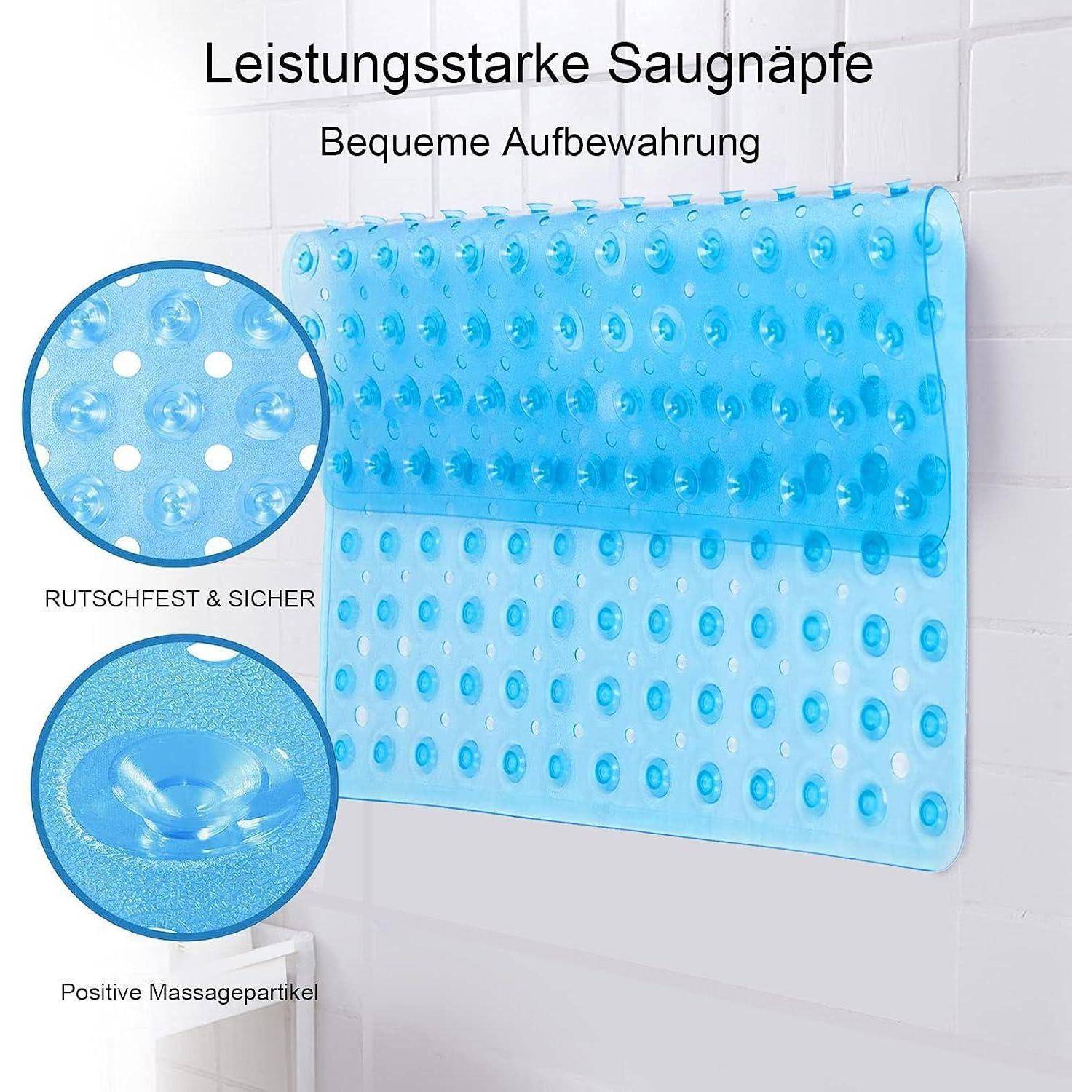 Blaumaschine mit Saugnäpfen auf einer gefliesten Wand, mit deutschen Beschriftungen „Leistungsstarke Saugnäpfe" und „Bequeme Aufbewahrung"", mit Nahaufnahmen, die Rutschfestigkeit und Massagetextur zeigen.
