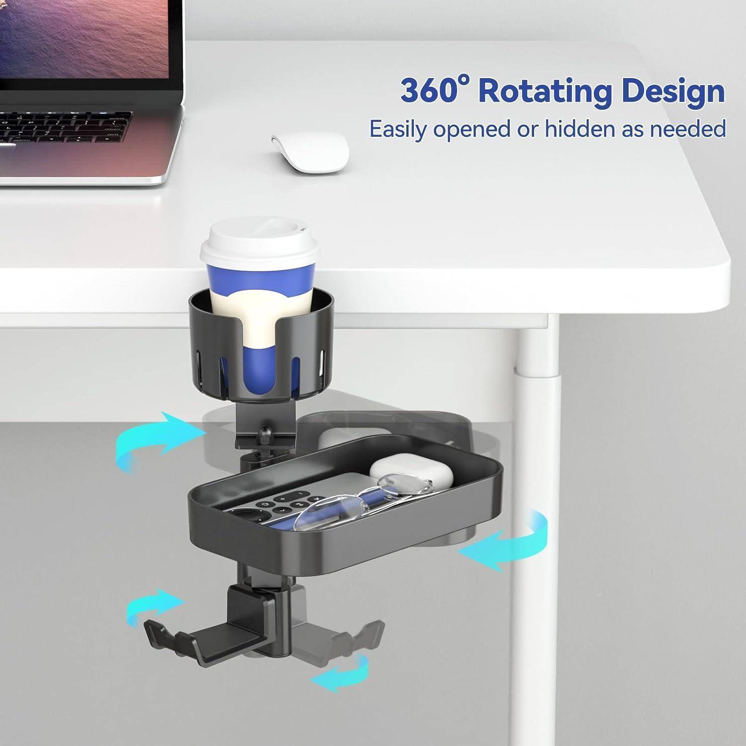Drehbarer Schreibtischorganizer zum Unterstellen, der eine Kaffeetasse, eine Fernbedienung, eine Brille und Kopfhörer hält, mit Pfeilen, die 360-Grad-Schwenkzugriff zeigen.