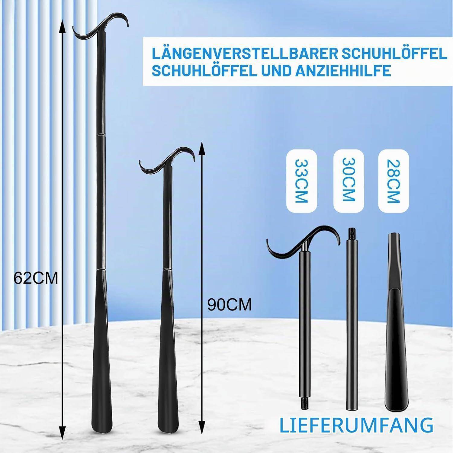 Deutsches Produktgrafik für einen Schuhlöffel mit langem Griff und Anziehhilfe, mit Größen von 62 cm, 90 cm, 33 cm, 30 cm und 28 cm im Lieferumfang.