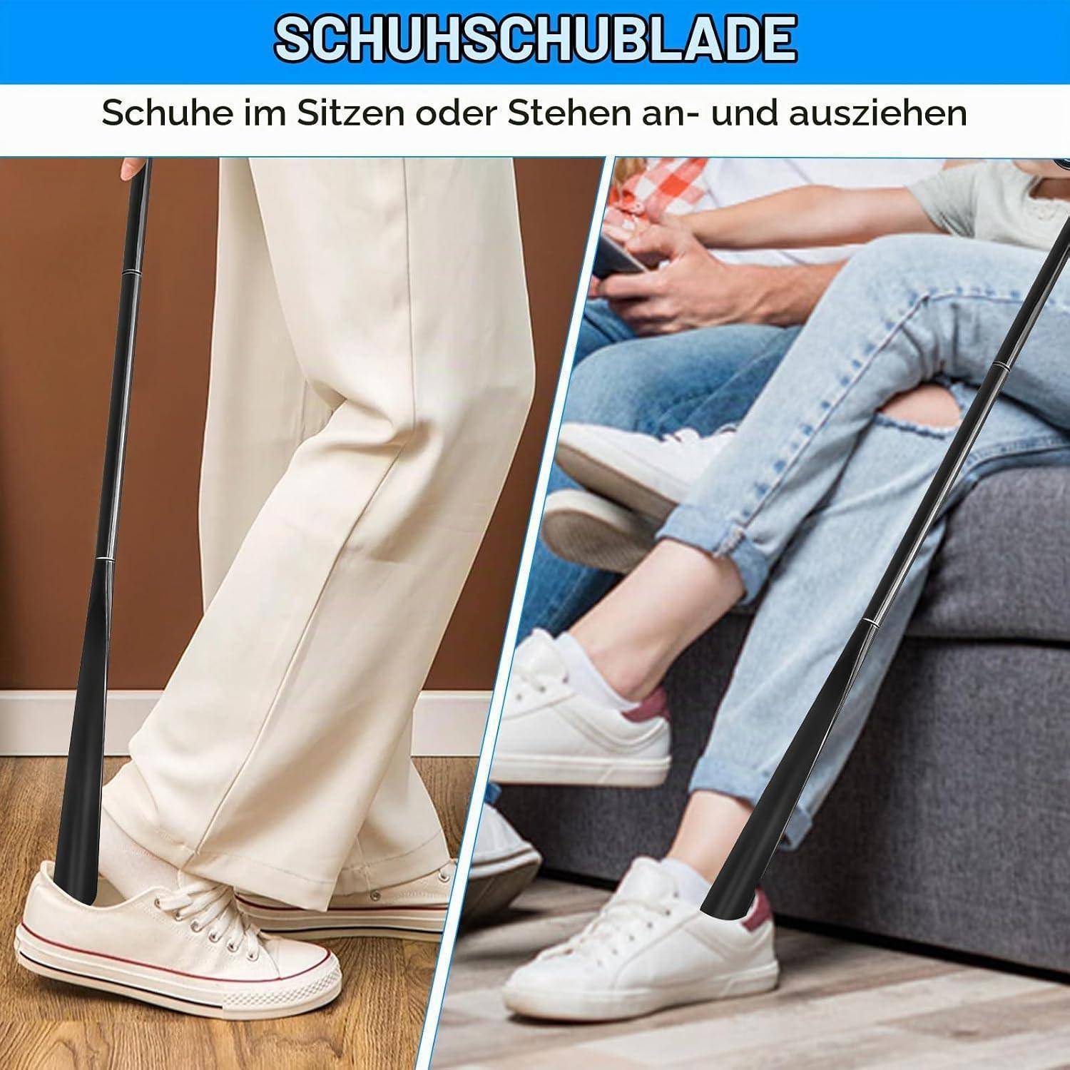 SCHUHSCHUBLADEN' Schuhlöffel zum Anziehen und Ausziehen von Schuhen im Sitzen oder Stehen, dargestellt in einer geteilten Abbildung zur Verwendung zu Hause.