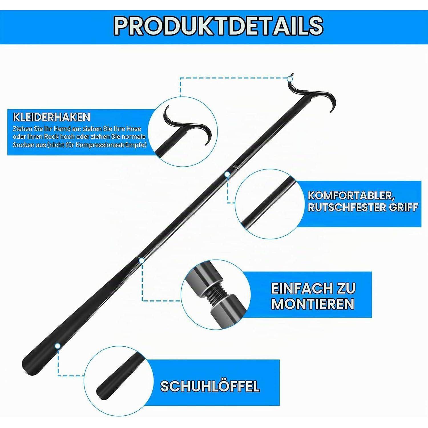 Illustrierte Produktdetails eines schwarzen Multifunktions-Schuhlöffels mit Haken, rutschfestem Griff, einfacher Montage und Schuhlöffel-Griff.