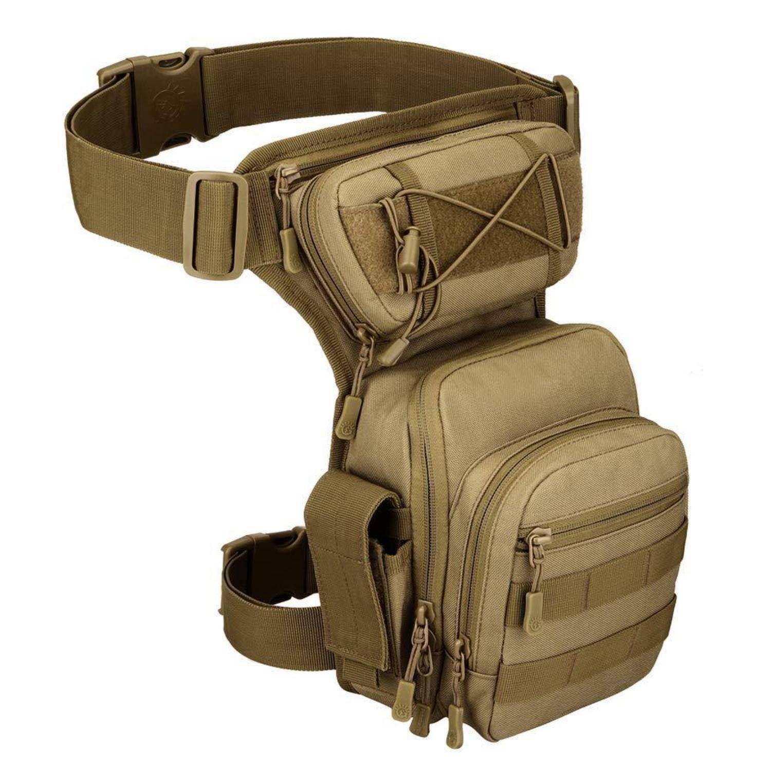 Tan taktische Oberschenkel-Abwurftasche mit verstellbaren Hüft- und Beinriemen, mehreren Reißverschlusstaschen und MOLLE-Webbing auf weißem Hintergrund