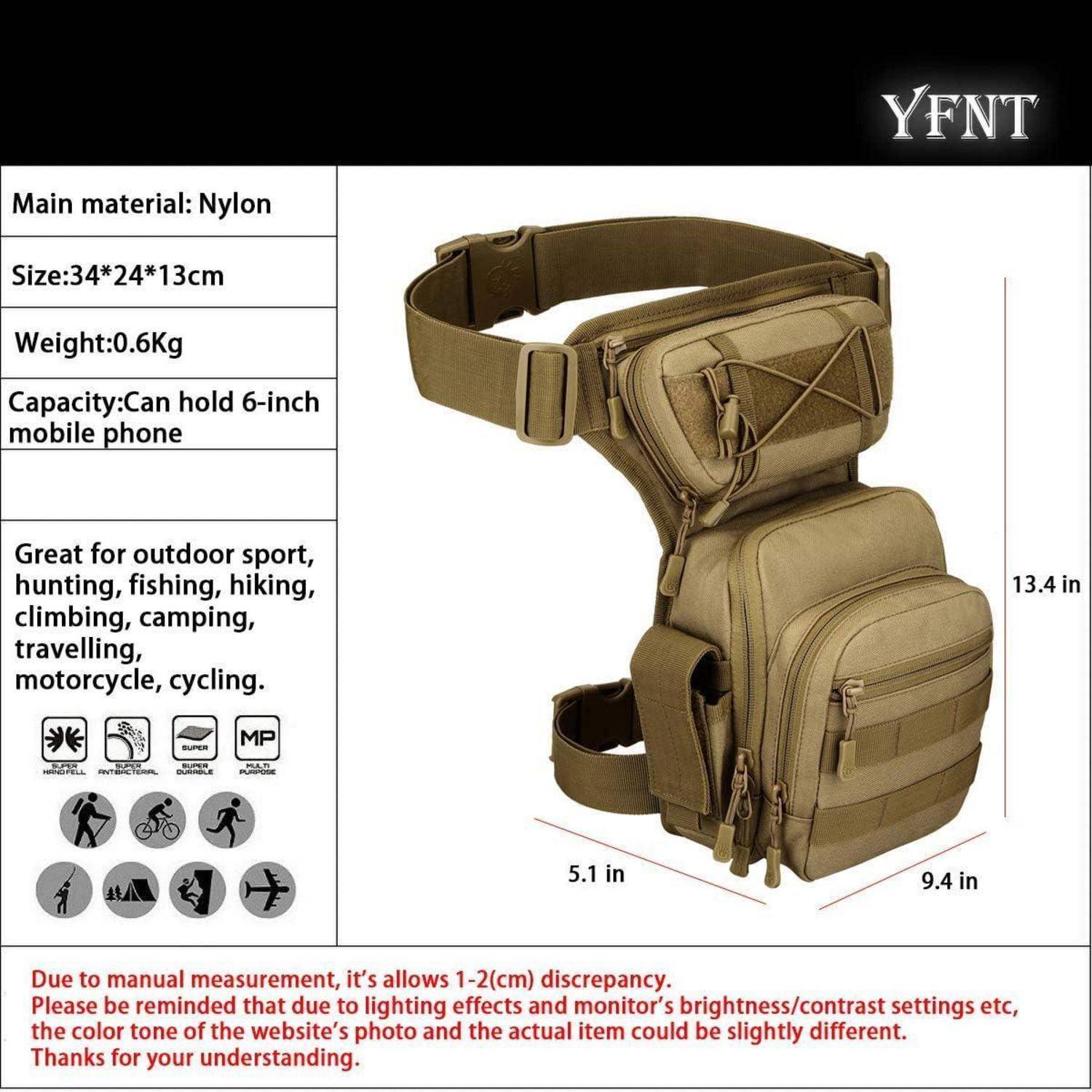 Produktbild einer beige Nylon-Taktik-Beintasche/Rucksack mit verstellbarem Gürtel, zeigt Abmessungen von 13,4 x 9,4 x 5,1 Zoll und Fassungsvermögen für ein 6-Zoll-Telefon; linkes Panel listet Größe, Gewicht und Outdoor-Anwendungen auf.