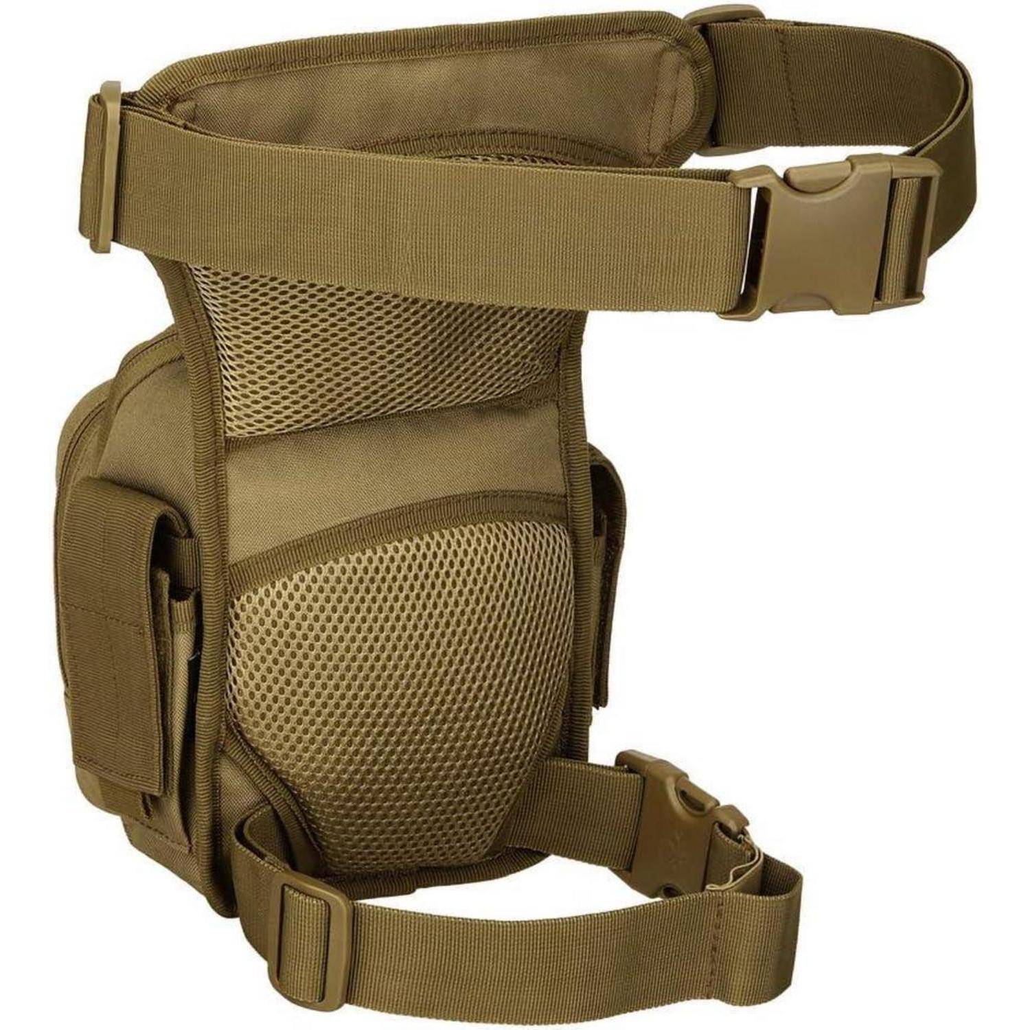 Hellbraunes taktisches Oberschenkelholster mit verstellbaren Hüft- und Beinriemen, gepolsterten Meshpanelen und seitlicher Tasche auf weißem Hintergrund.