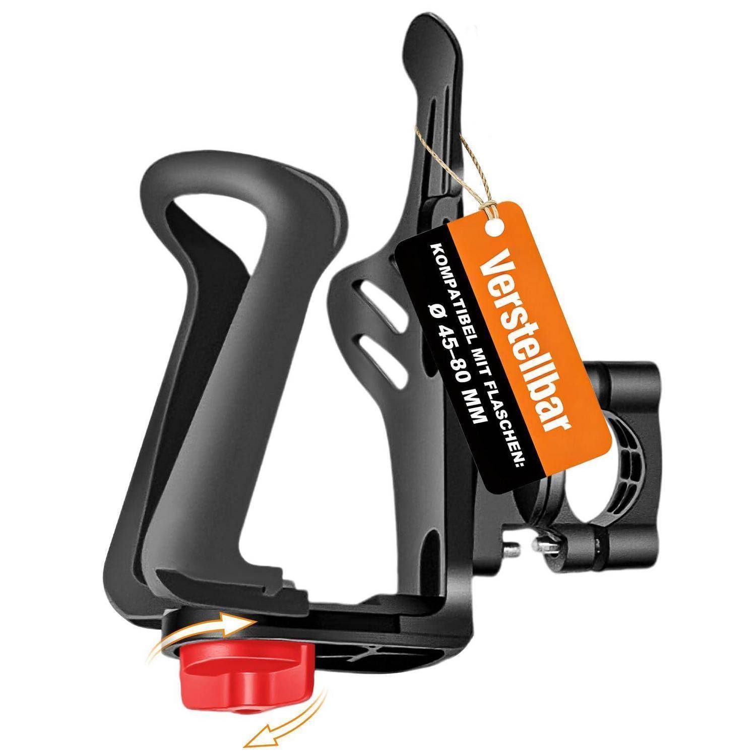 Schwarztragbar mit verstellbarem Flaschenhalter für Fahrrad mit rotem Drehknopf und Aufkleber „versellbar