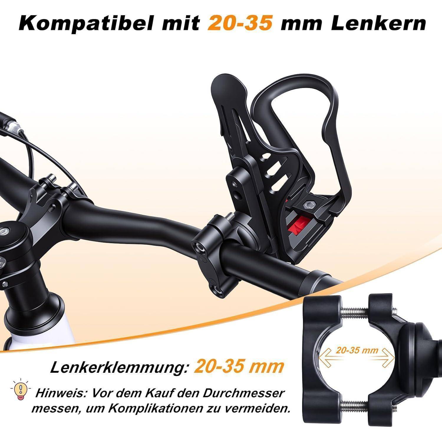 Fahrrad-Flaschenhalter für Lenker, kompatibel mit 20-35 mm Durchmesser, abgebildet mit Klemme und Warnung, vor dem Kauf den Lenker zu messen.