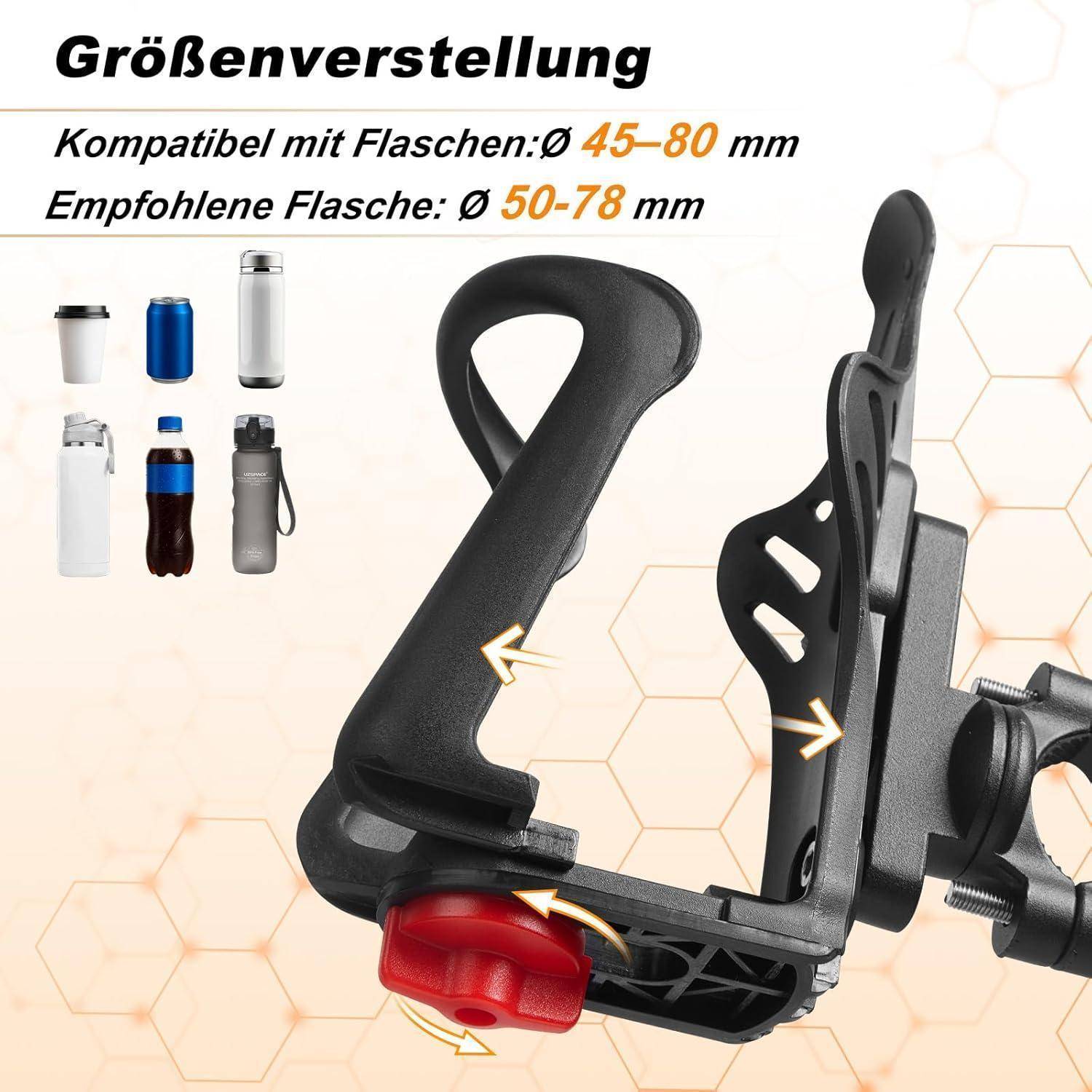 Flaschenhalter-Montagegrößenleitfaden: kompatibel mit Flaschen 45–80 mm Breite; empfohlen 50–78 mm, dargestellt mit verstellbarem schwarzem Halter und Beispielflaschen.