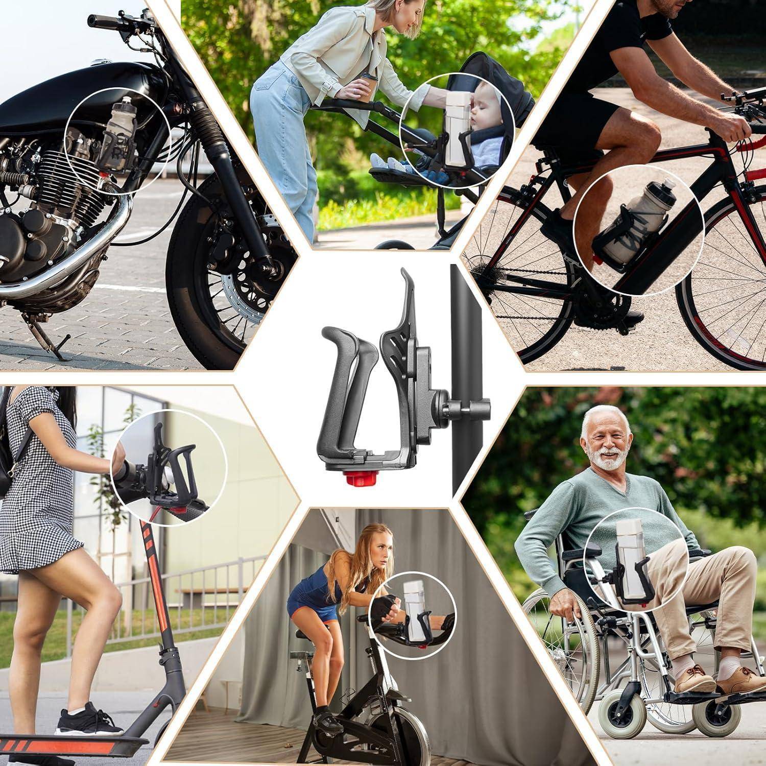 Collage eines abnehmbaren Fahrradsitzes/Getränkehalters für Kinder, der auf Motorrädern, Fahrrädern und Rollern von Fahrern und Eltern bei der Beförderung eines Kindes verwendet wird.