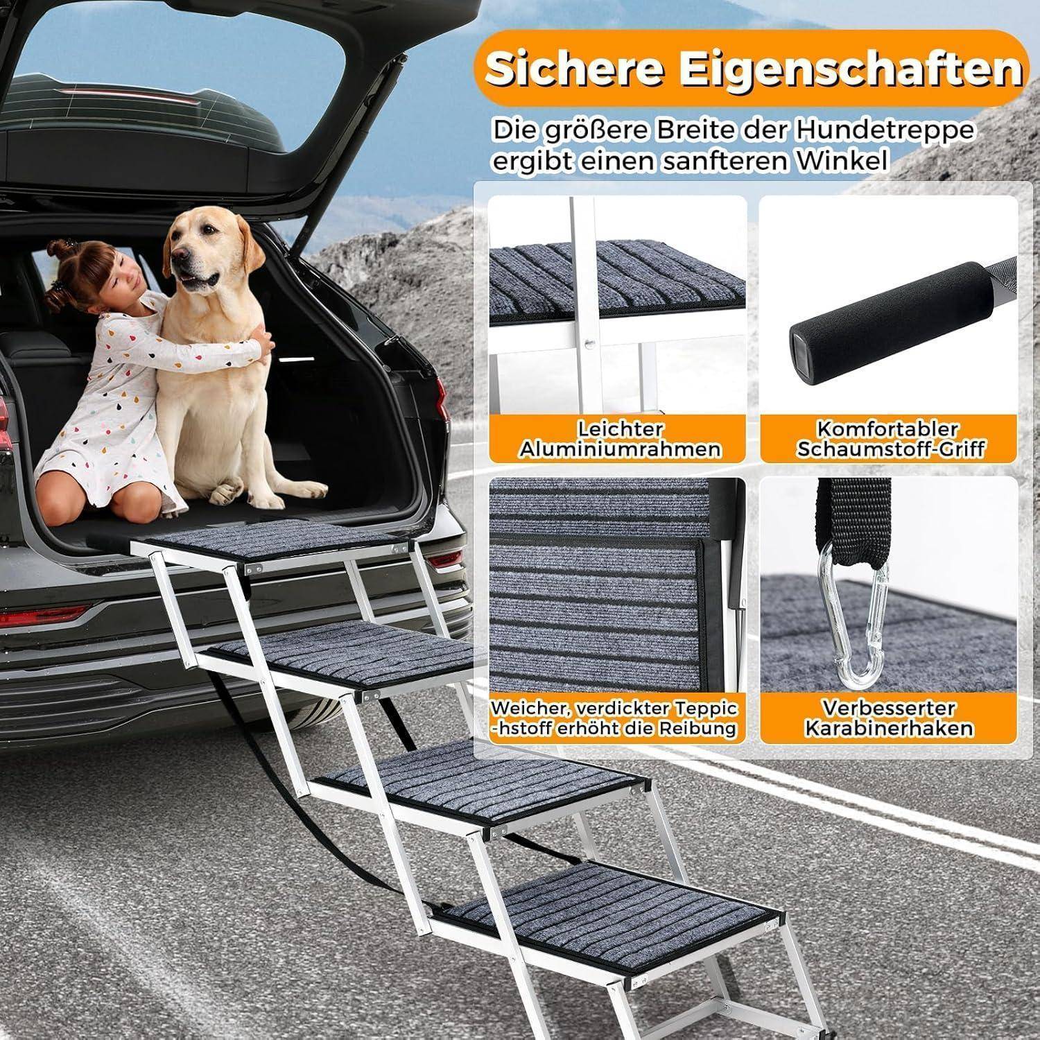 Frau neben einem Hund in einem Auto mit einer zusammenklappbaren Haustier-Rampe; die Vergrößerung zeigt Sicherheitsmerkmale: leichter Aluminiumrahmen, Schaumgriff, gepolsterter Griff und verbesserter Karabinerhaken.