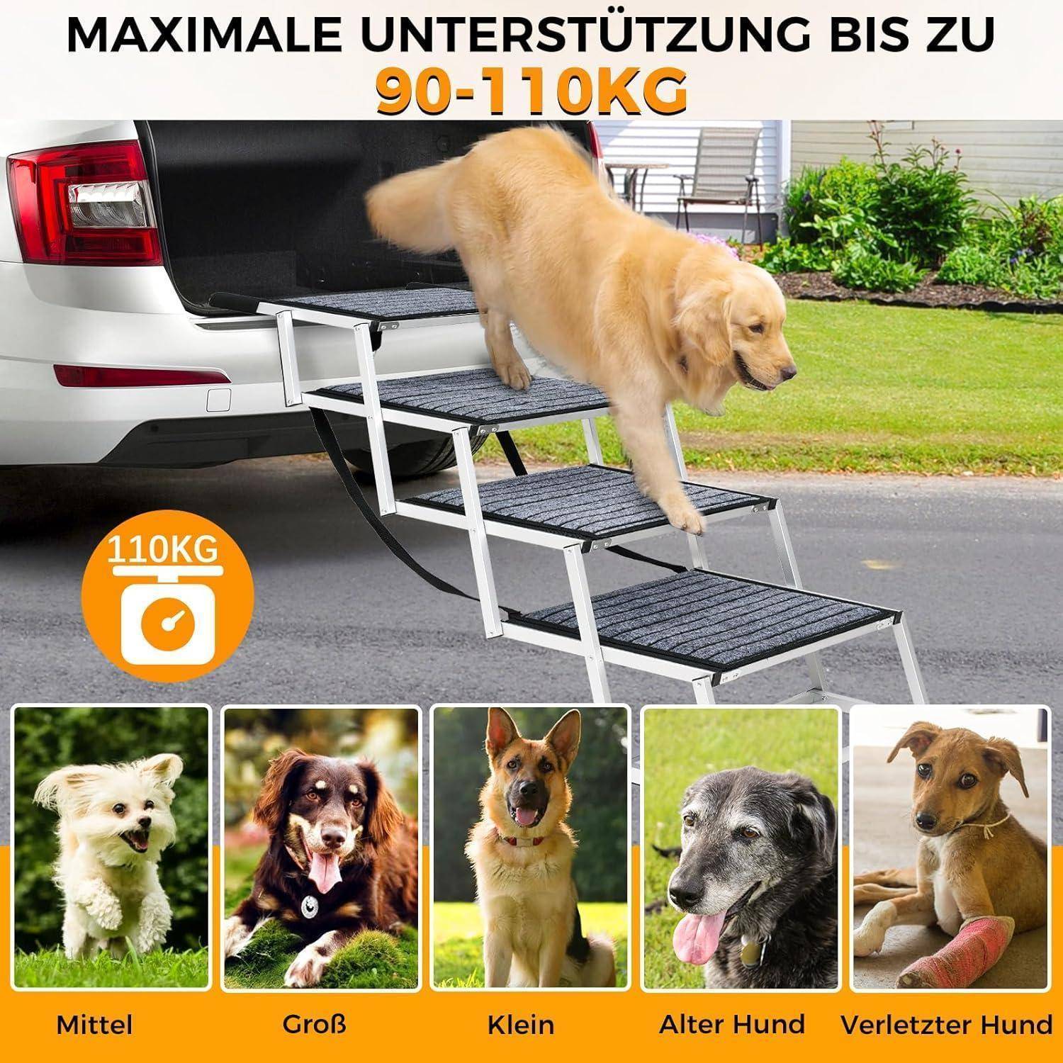 # Hundeaufstieg für das Auto hilft einem Golden Retriever beim Herunterklettern; der Text besagt maximale Tragfähigkeit bis zu 90-110 kg und zeigt geeignete Hundetypen.