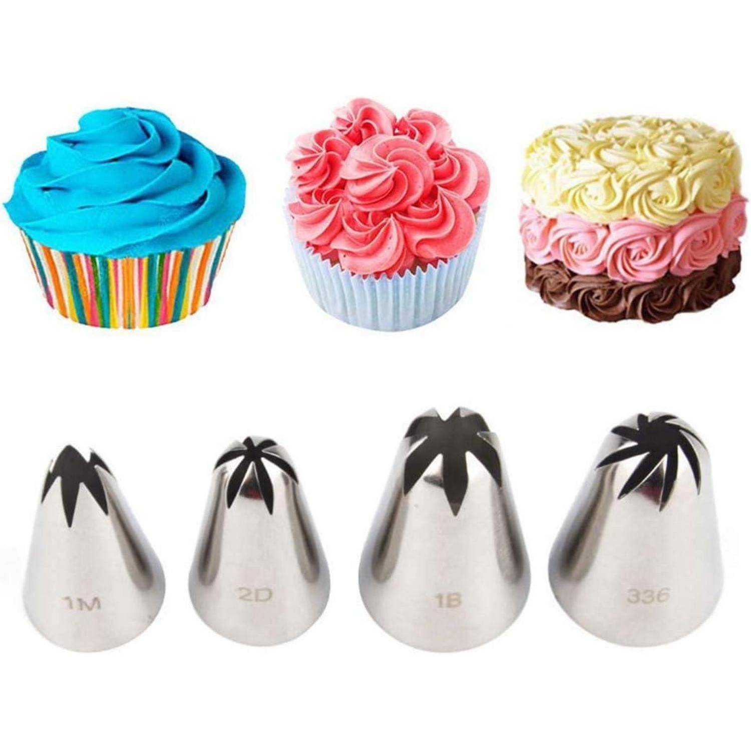 Cupcake-Dekorationsbeispiele oben vier Metallspritztüten mit den Bezeichnungen 1M, 2D, 1B und 336 unten.