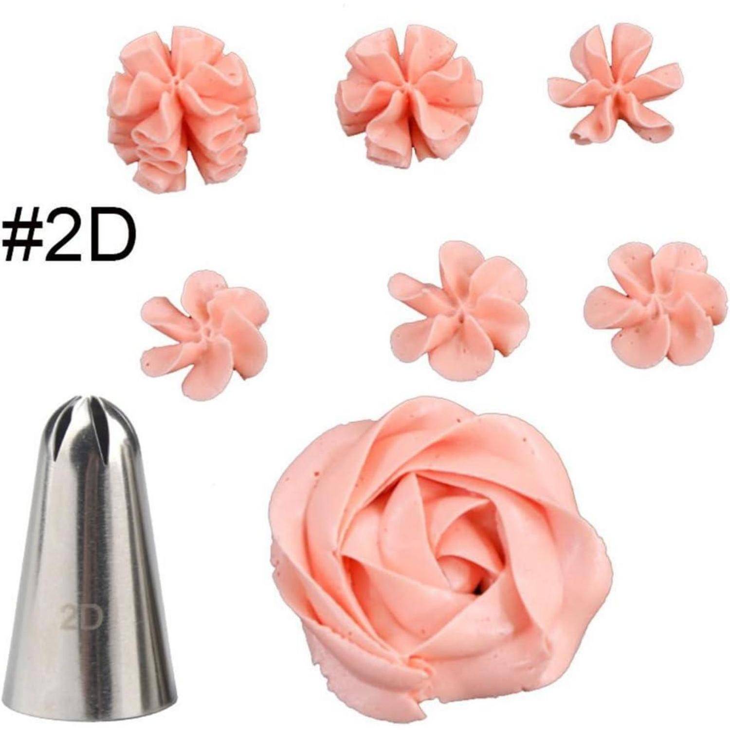 Kuchendekorations-Spritztülle #2D mit Beispielen von rosa Buttercreme-Blütenrosetten und der Metalldüse, die zu ihrer Herstellung verwendet wird.
