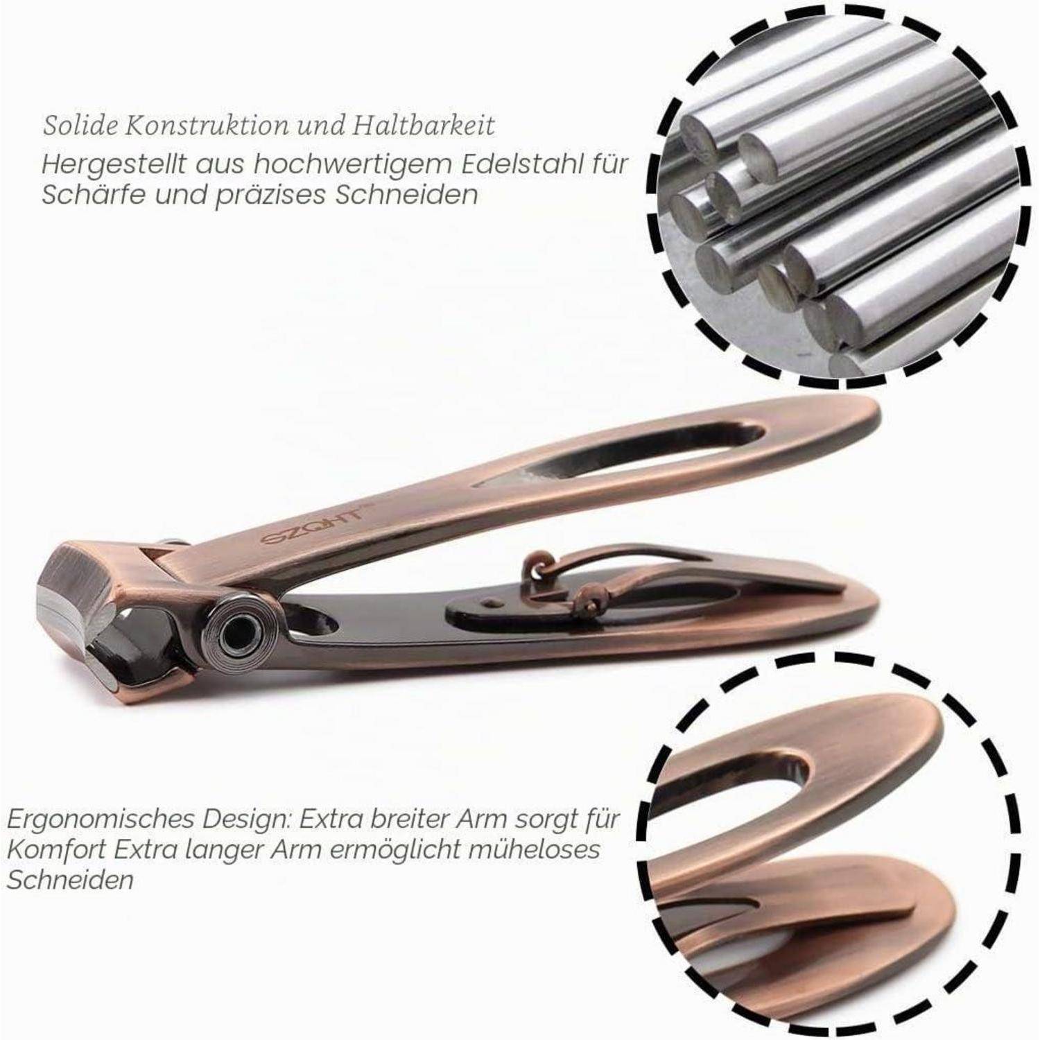 Edelstahlnagel-Knipser, gezeigt mit Nahaufnahmen, die die robuste Konstruktion und den ergonomischen, extra breiten und extra langen Arm für einfaches Schneiden hervorheben.
