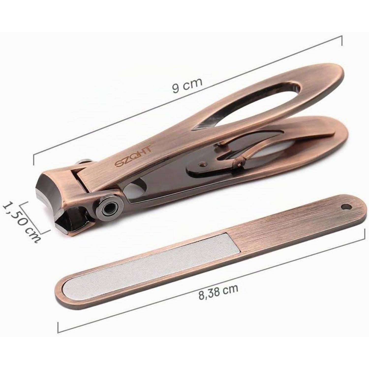 Bild einer bronzefarbenen Nagelschere mit integrierter Feile, dargestellt mit den gekennzeichneten Abmessungen 9 cm, 8,38 cm und 1,50 cm.
