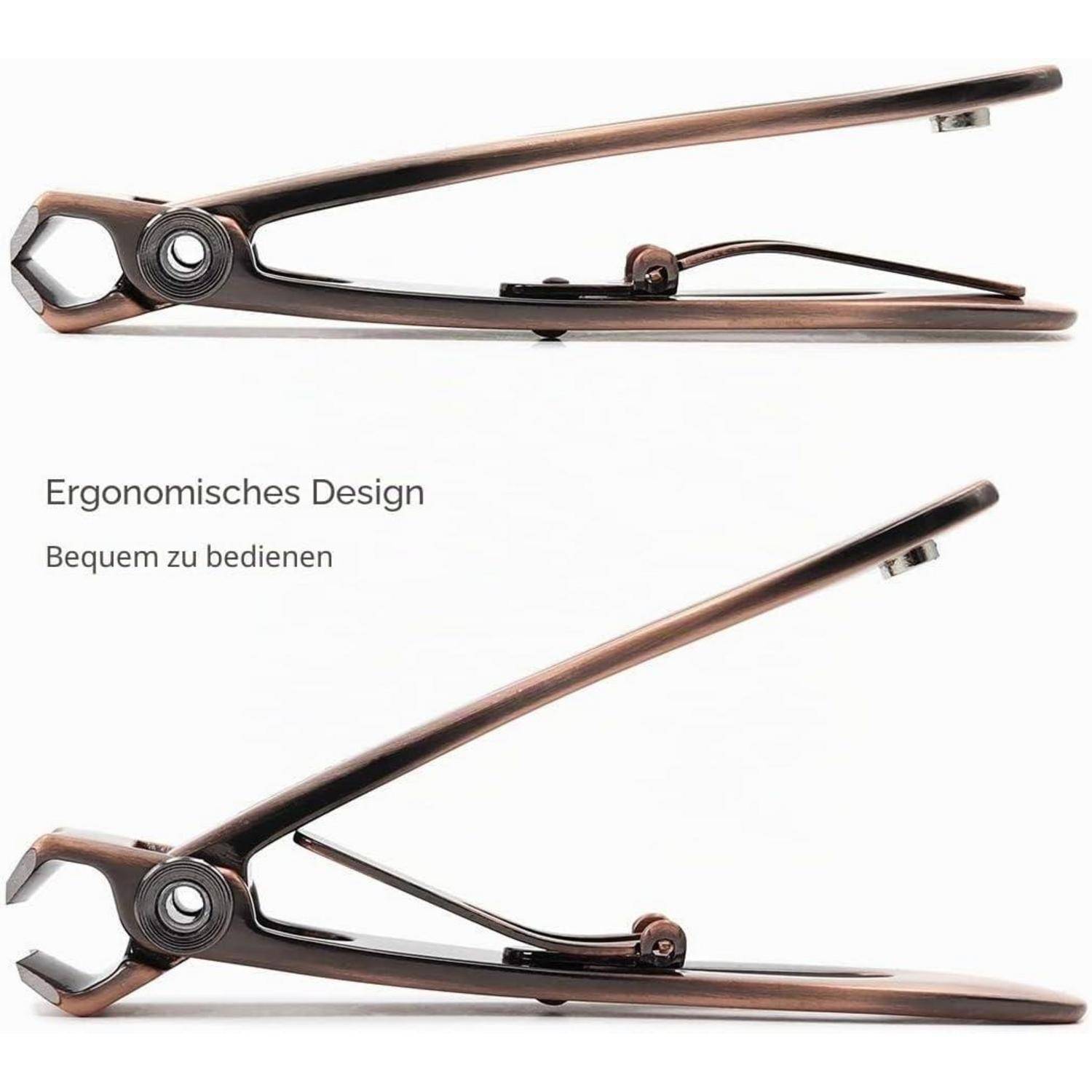 Zwei Ansichten eines ergonomischen Handwerkzeugs aus Bronze mit Federscharnier, beschriftet mit „Ergonomisches Design