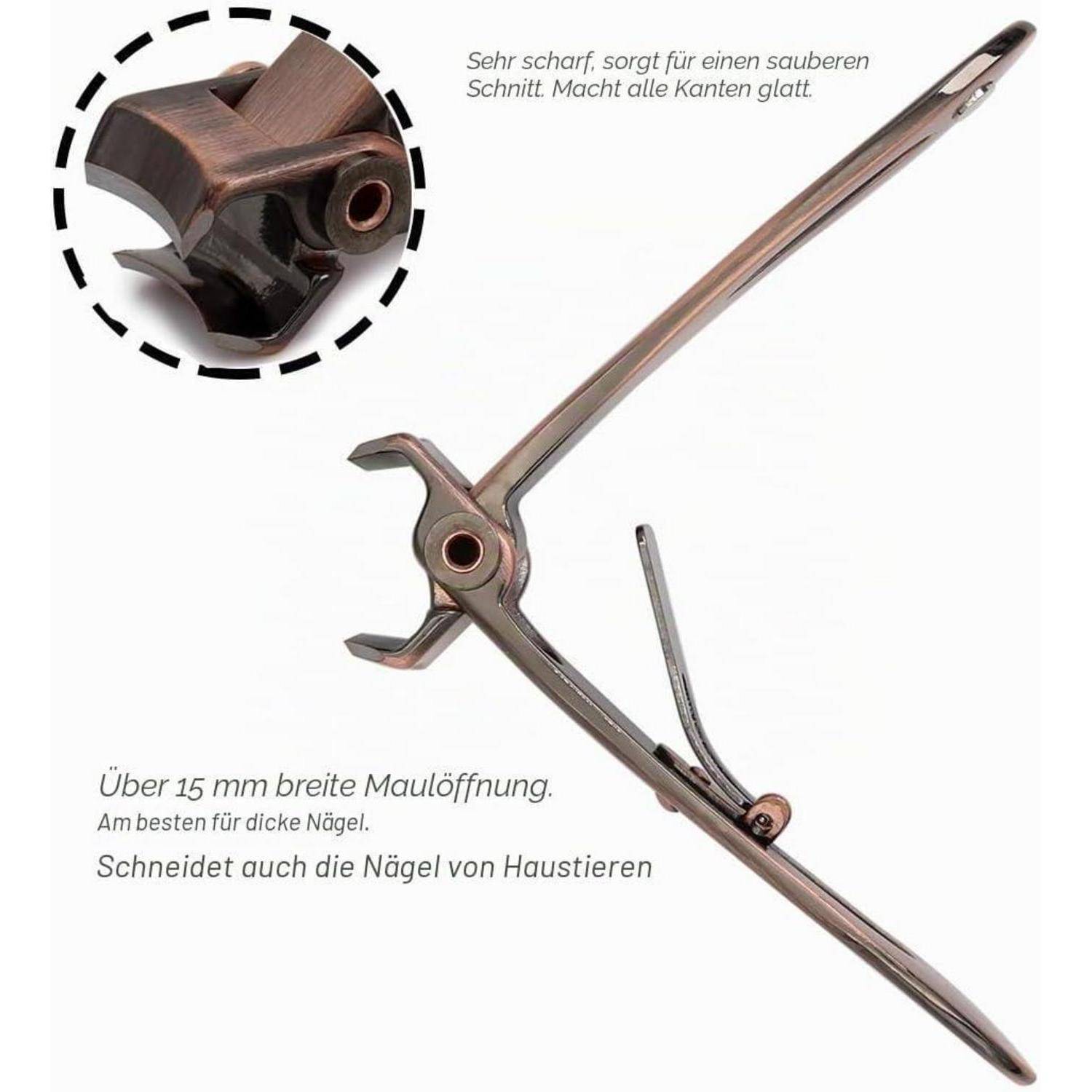 # Metallnagelknipser mit breiten Backen, offen auf weißem Hintergrund dargestellt, mit vergrößertem Ausschnitt, der scharfe Schneidkanten hervorhebt, und deutscher Text über das Schneiden dicker Nägel und Tiernägel.