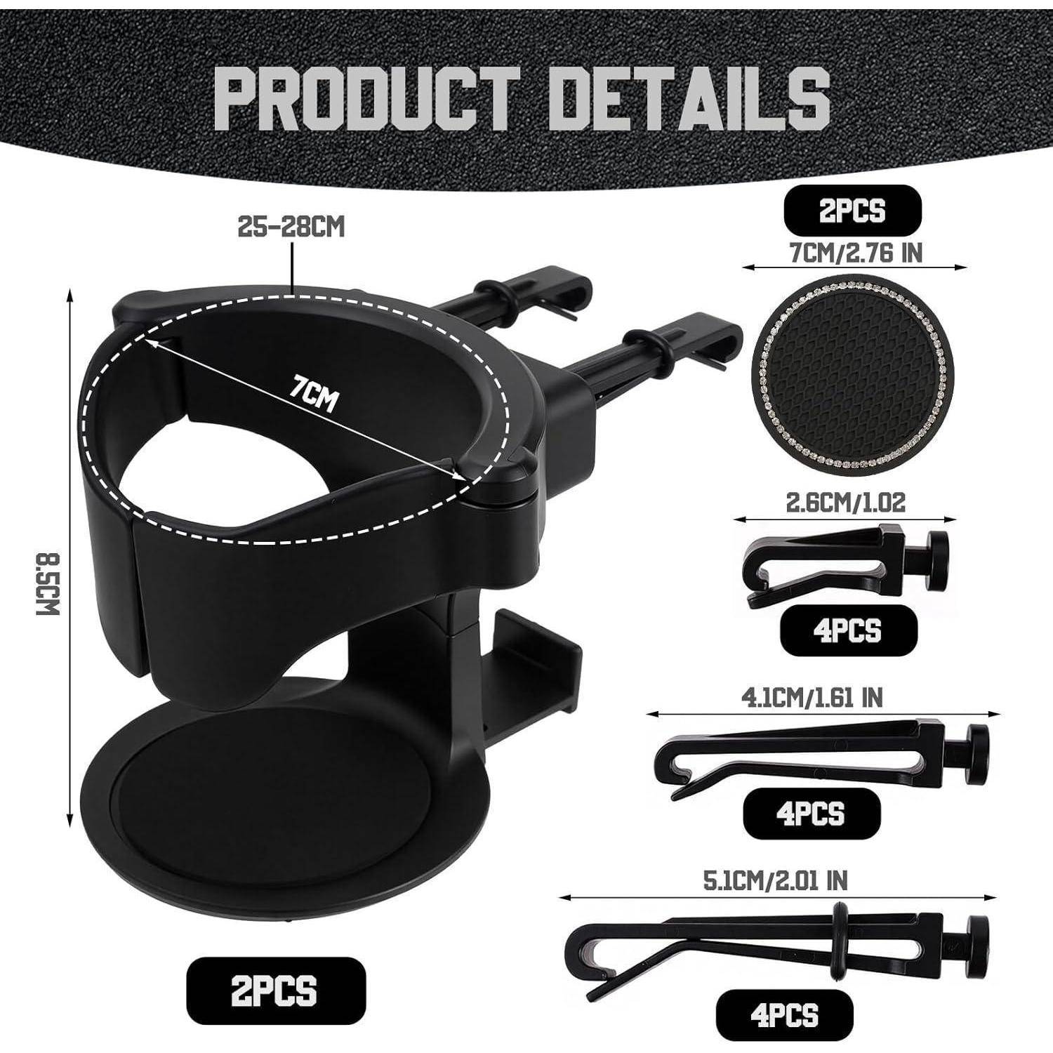 Produktdetaildiagramm einer schwarzen Becherhalterklammer mit verstellbarem 25–28 cm Sitz, 8,5 cm Höhe, plus enthaltene Teile: 2 runde Polster und 8 Clips in zwei Größen.