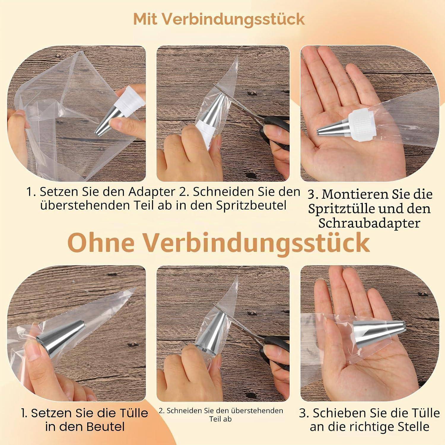 Anleitungsgrafik, die in drei Schritt-für-Schritt-Fotos zeigt, wie man eine Spritzbeutelspitze mit und ohne Verbindungsstück anbringt und trimmt.