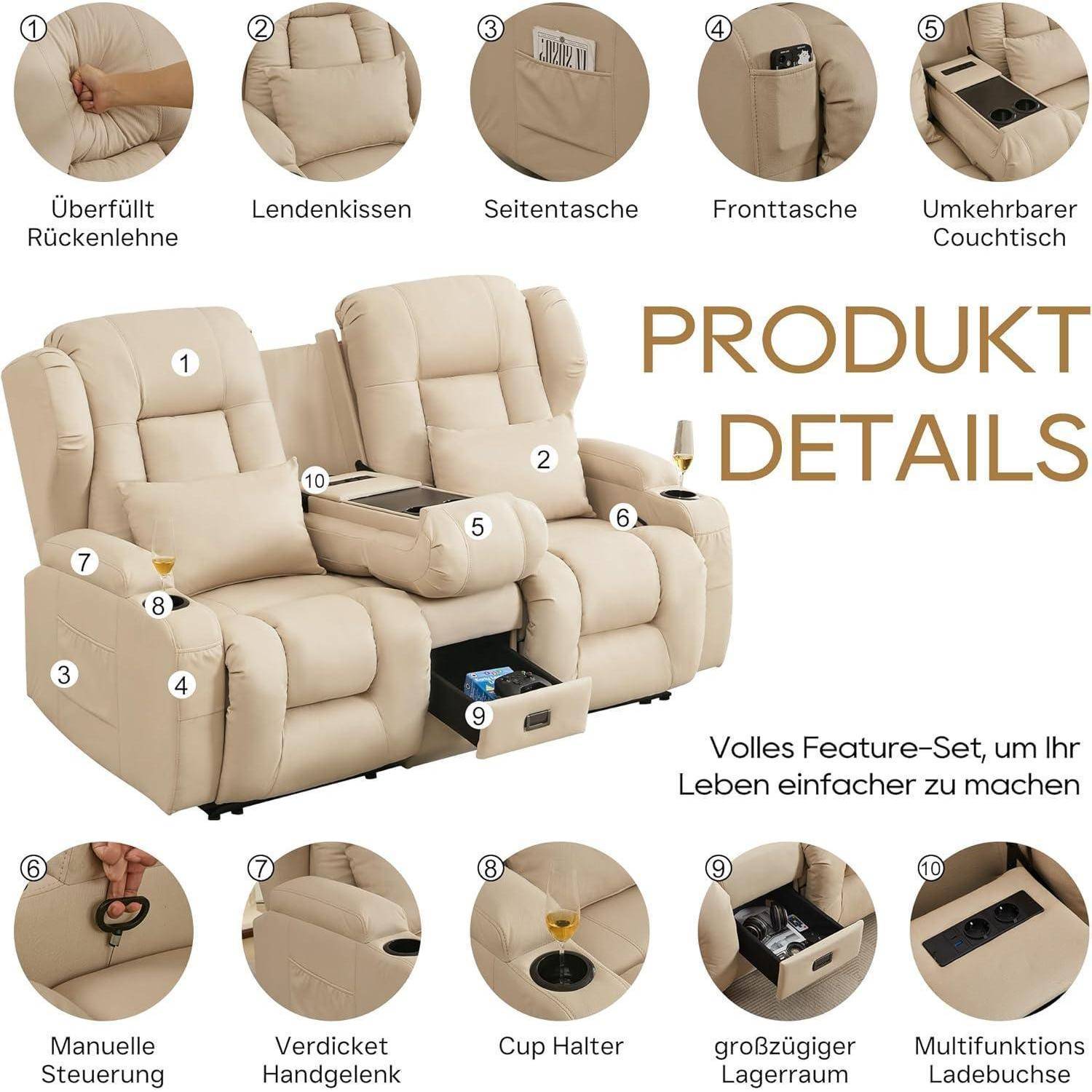 Diagramm von beigen Relaxliegen-Theatersitzen mit der Bezeichnung „Produkt Details