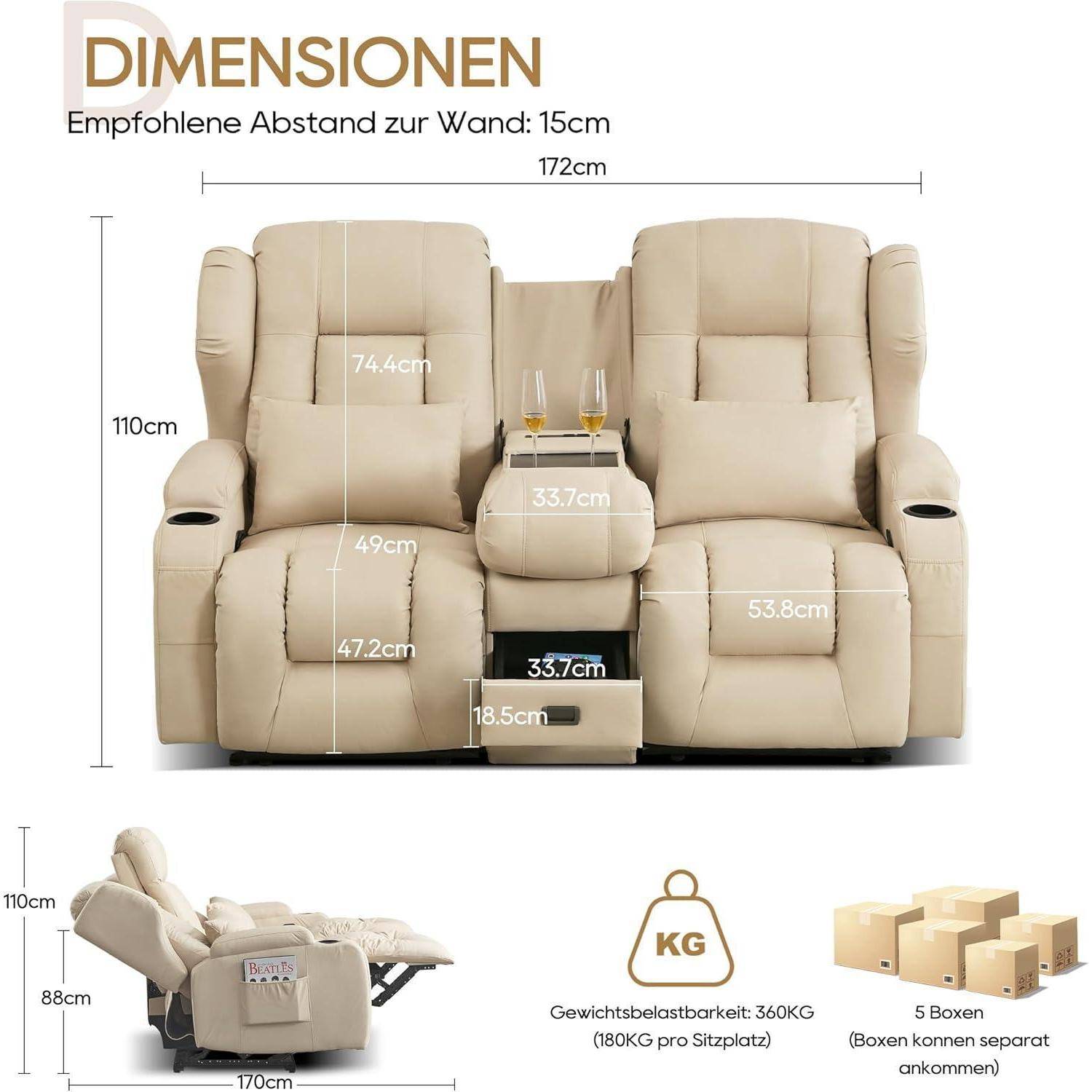 Beige Zweisitzer-Relax-Sofa mit Mittelkonsole und Getränkehaltern; Abmessungen wie gezeigt: 172 cm breit, 110 cm hoch, 170 cm tief, Tragfähigkeit 360 kg.