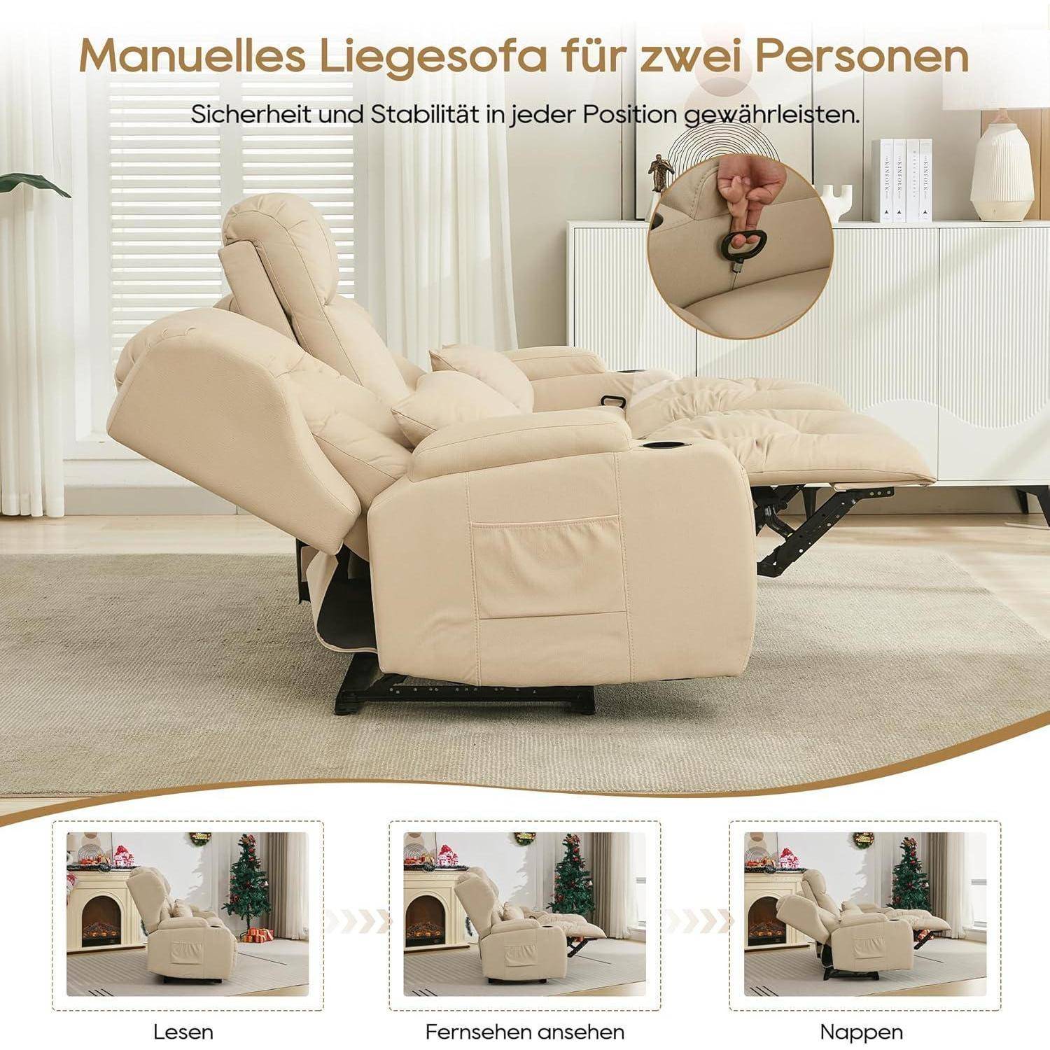 Beige manuell verstellbarer Zweisitzer-Liegesessel mit Sicherheitsgriff, dargestellt in Liegeposition; darunter kleine Ansichten für Lesen, Fernsehen und Nickerchen.