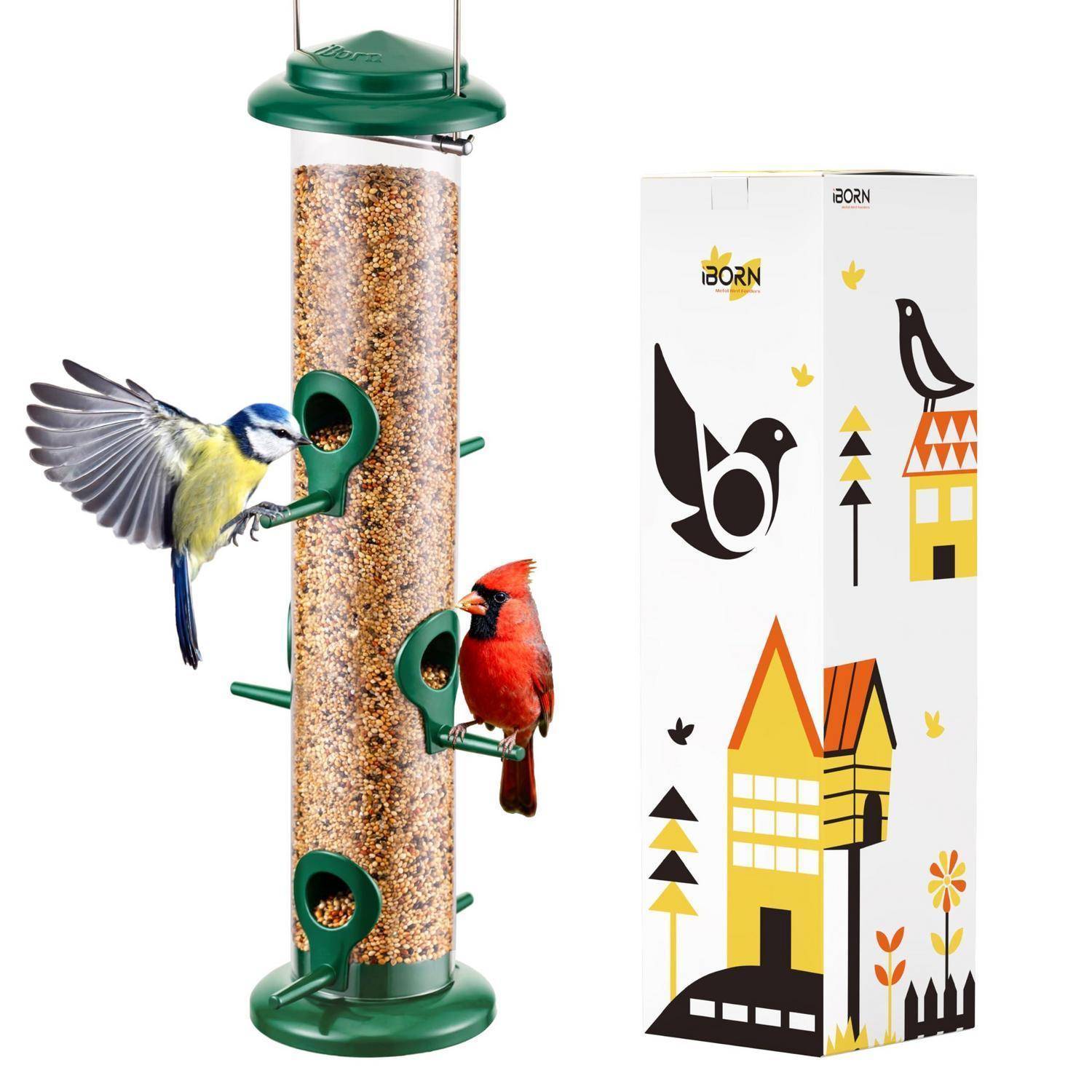 Vogelfutterstation mit blauen und roten Singvögeln an den Futterplätzen, neben ihrer dekorativen Einzelhandelpackung mit Vogel- und Hausabbildungen.