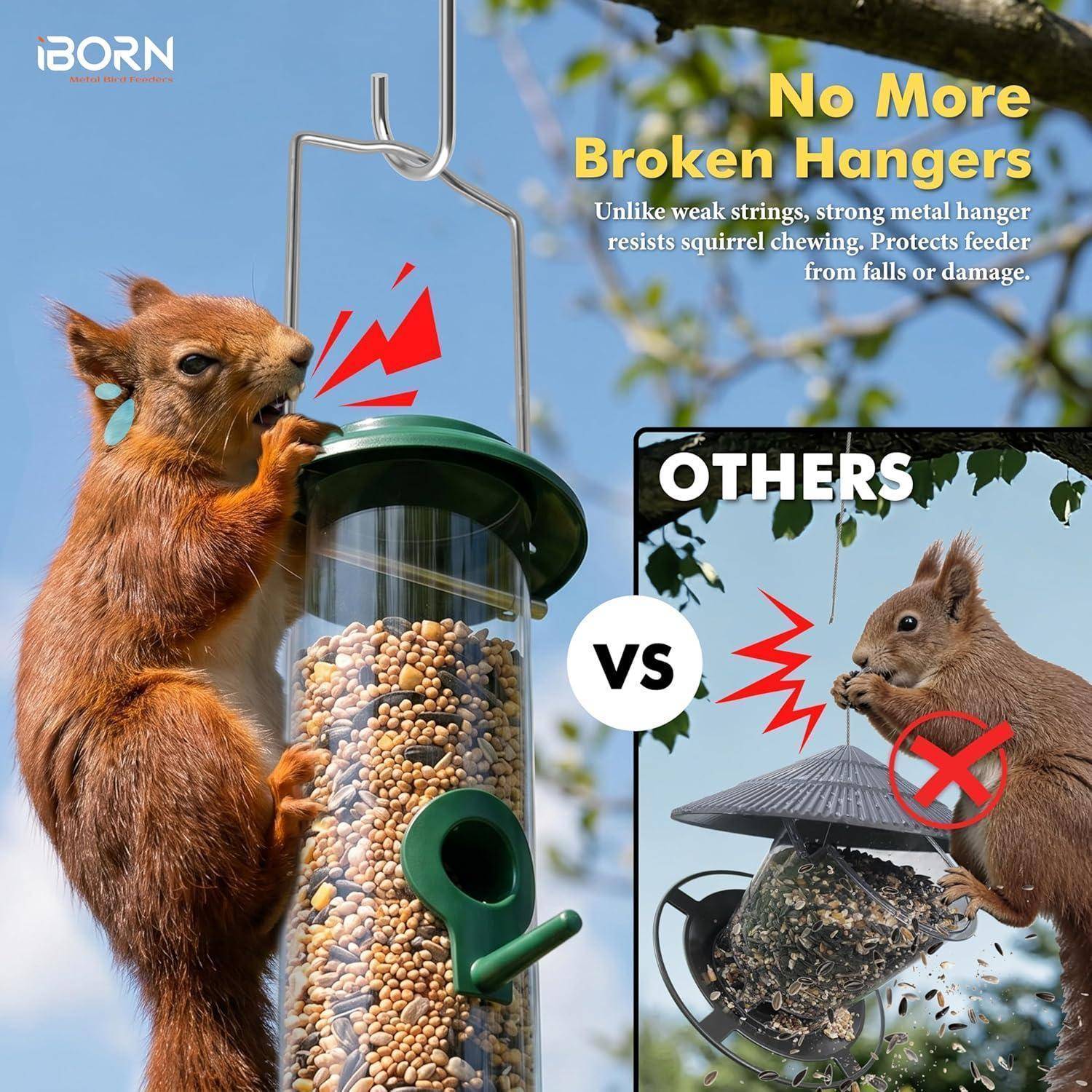 Werbevergleich Grafik mit einem eichhörnchensicheren Vogelfutterhaus mit robustem Metallaufhänger gegenüber einem beschädigten Futterhaus, das von anderen verwendet wird, und das die Haltbarkeit und den Schutz vor Eichhornchernagen unterstreicht.