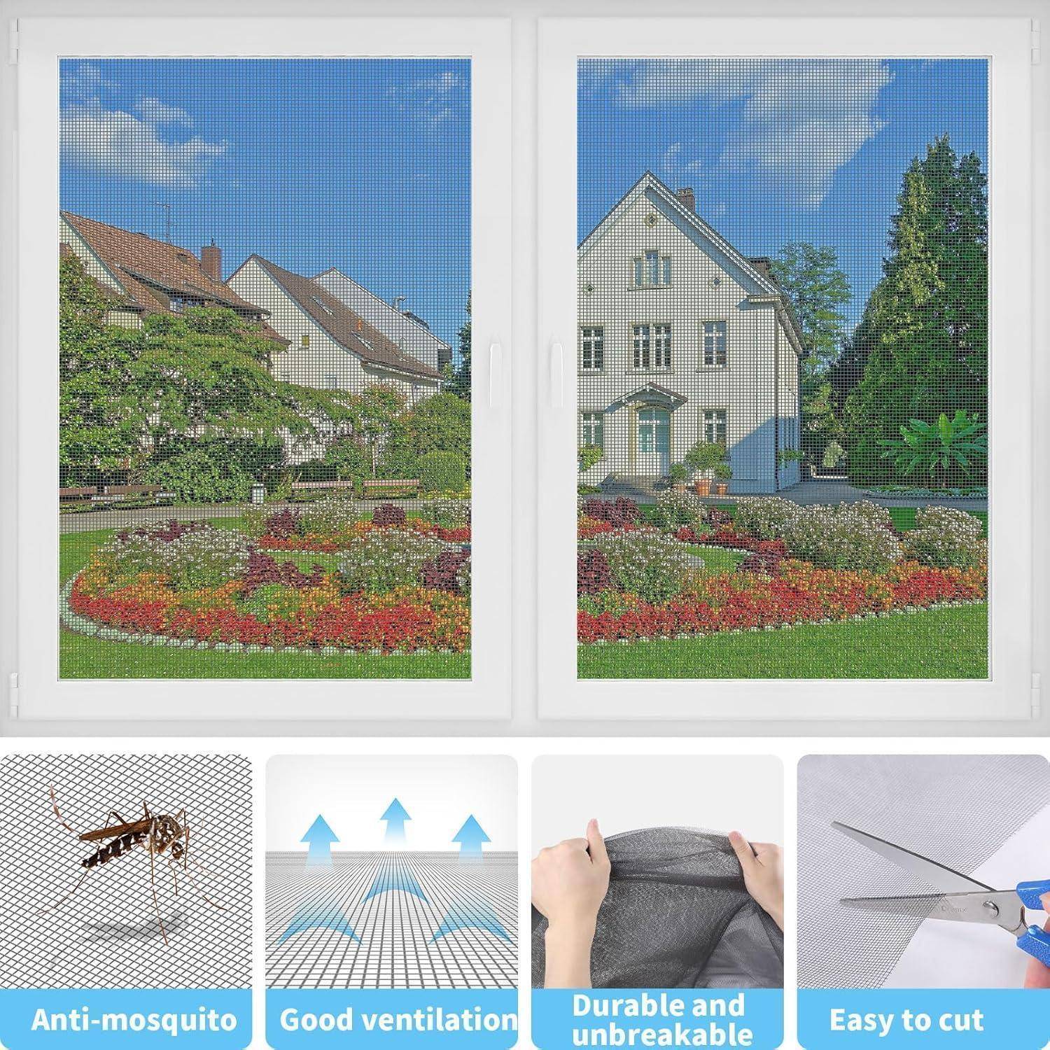 Zwei Fensternetze mit Gartenausblicken, die antimücken-, gute Belüftungs-, langlebige und leicht zuschneidbare Netzmerkmale demonstrieren.