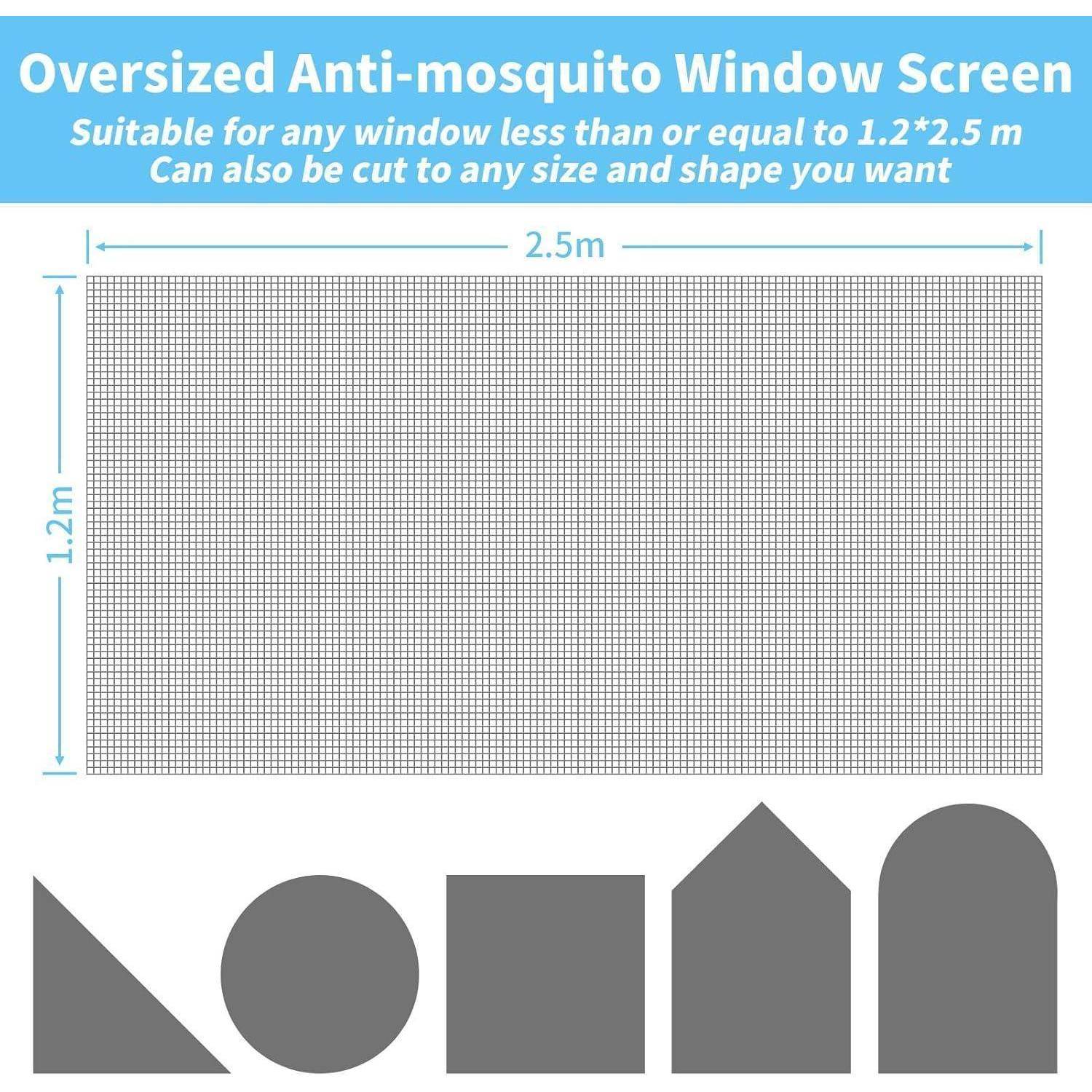 Übergroßes Anti-Mücken-Fensterschutznetz, 2,5 m x 1,2 m, gezeigt als kleinere Formen zugeschnitten für individuelle Fenstergrößen.