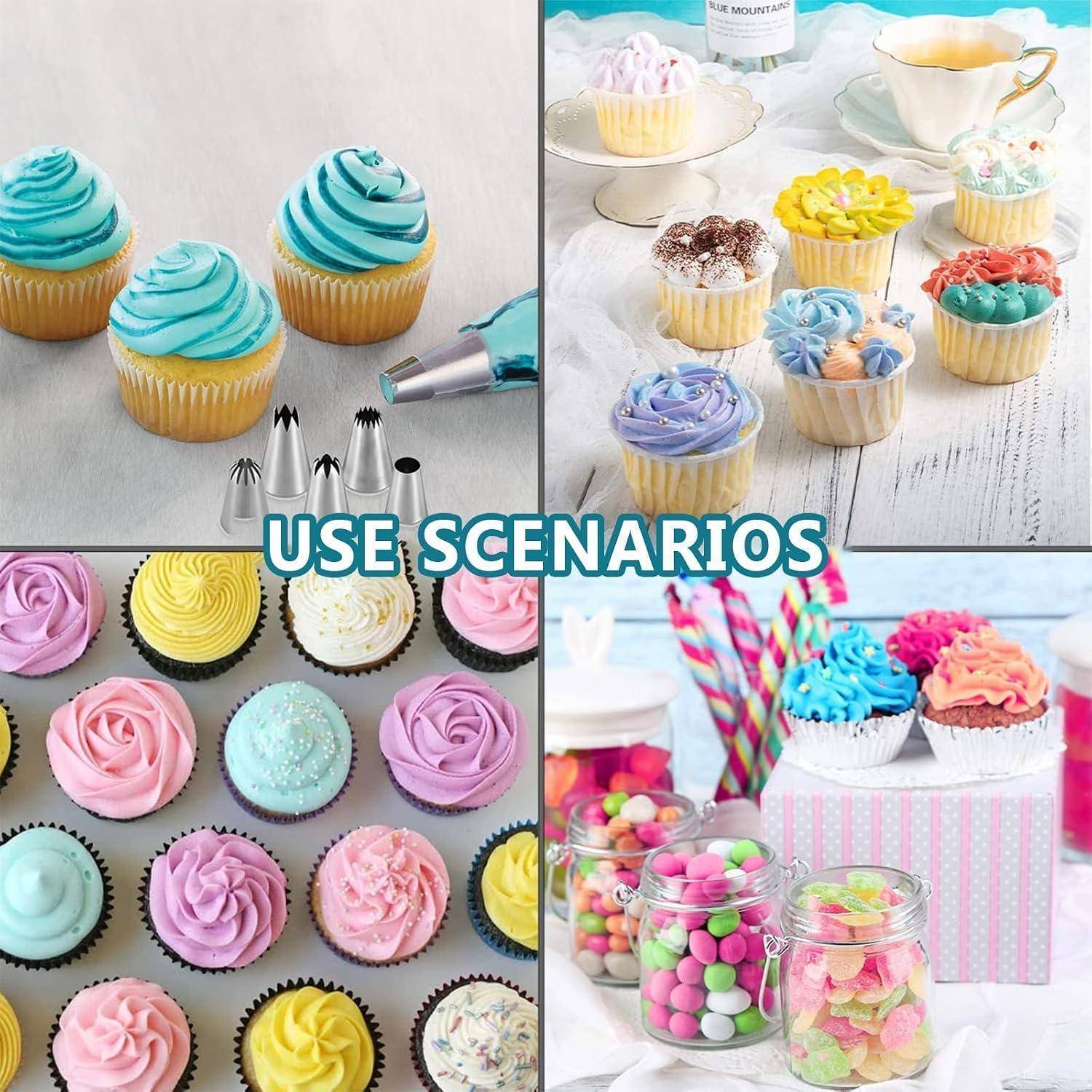 Collage von dekorierten Cupcakes mit farbenfrohem geschwungenem Zuckerguss, Gebäckspritztülen und bonbongefüllten Gläsern; Mitteltexttext liest „ANWENDUNGSSZENARIEN
