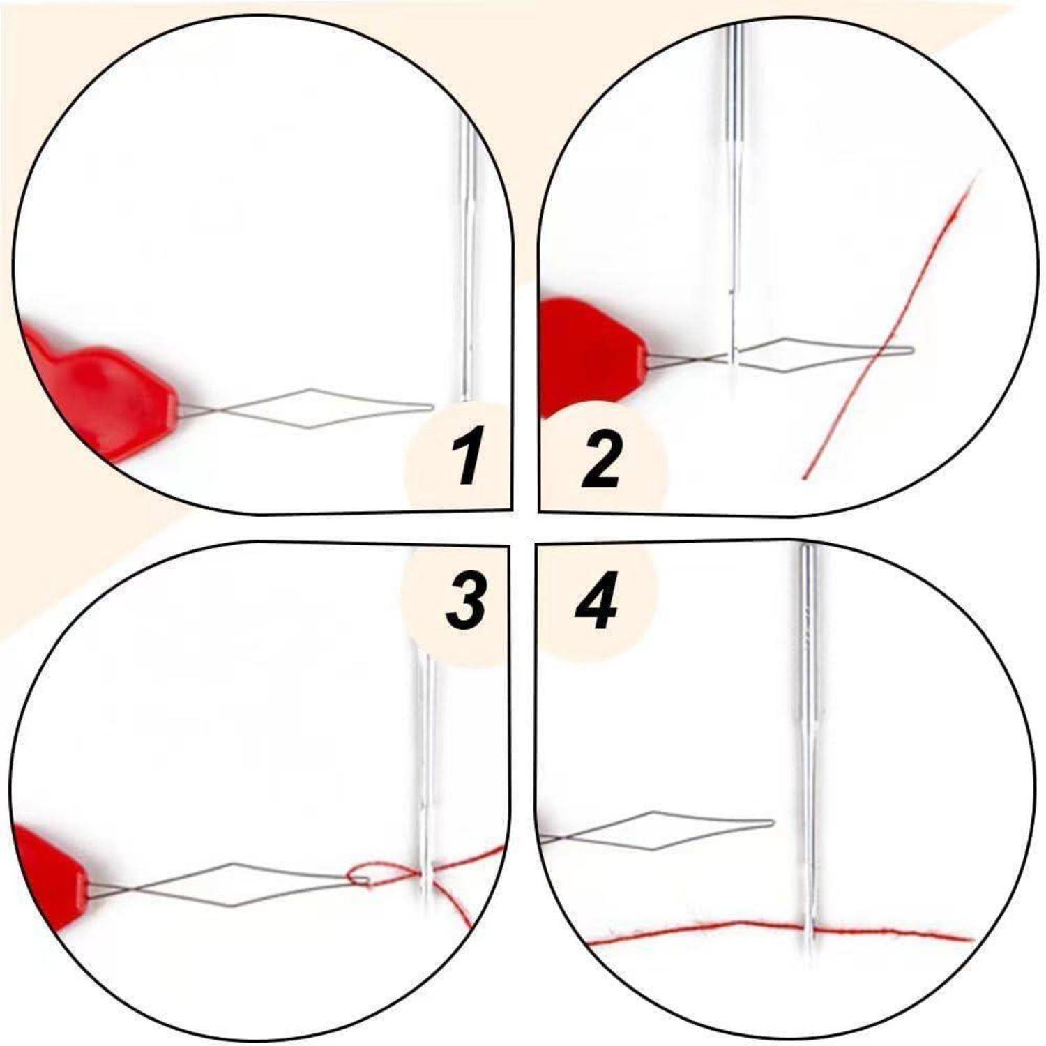 Vierteiliges Diagramm, das zeigt, wie eine Nähnadel einen roten Faden Schritt für Schritt durch eine Masche oder Schlaufe führt, nummeriert von 1 bis 4.