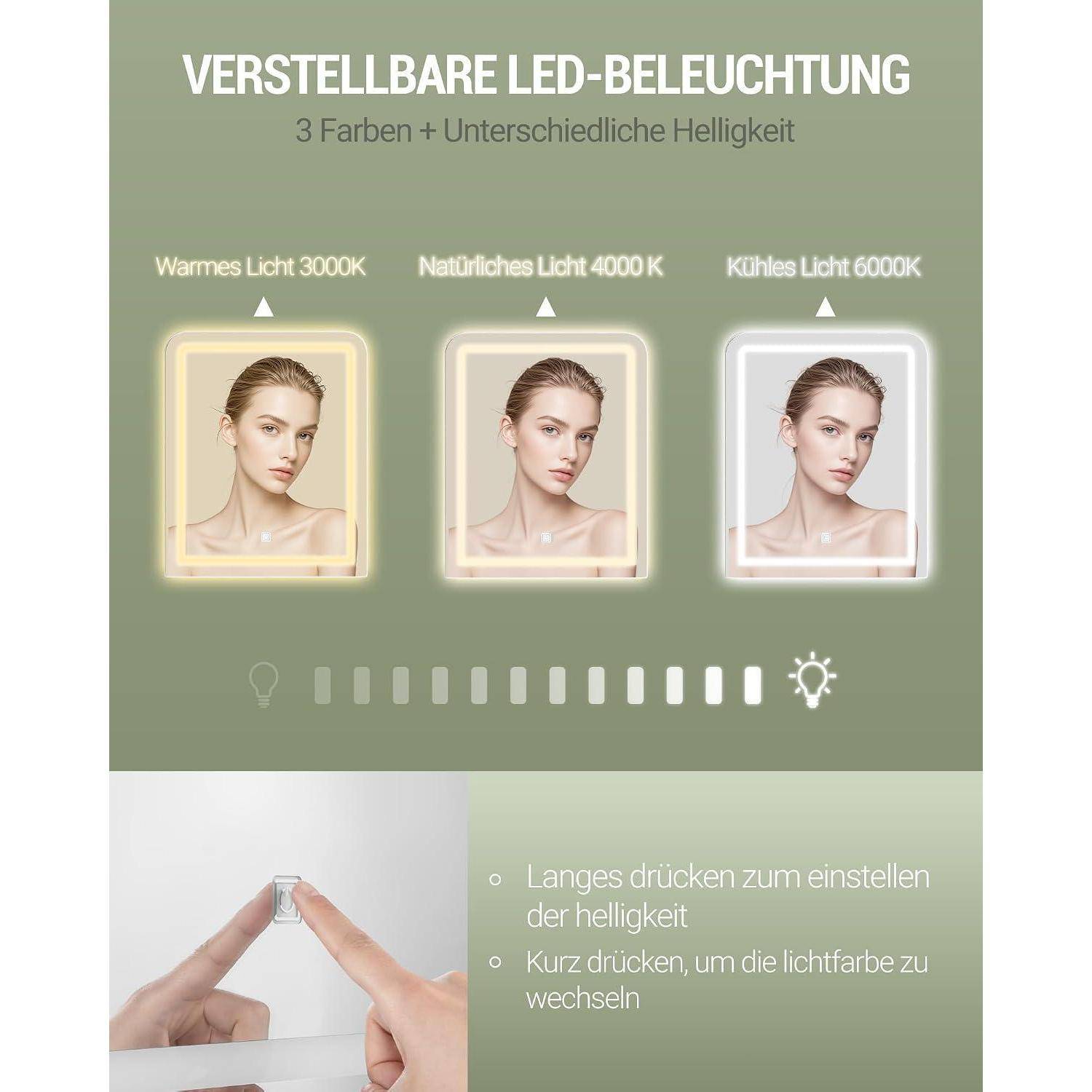 Infografik mit einstellbarer LED-Beleuchtung mit drei Farbtemperaturen: Warmweiß 3000K, Neutralweiß 4000K und Kaltweiß 6000K, sowie Helligkeitskontrolle durch langes Drücken und kurzes Drücken