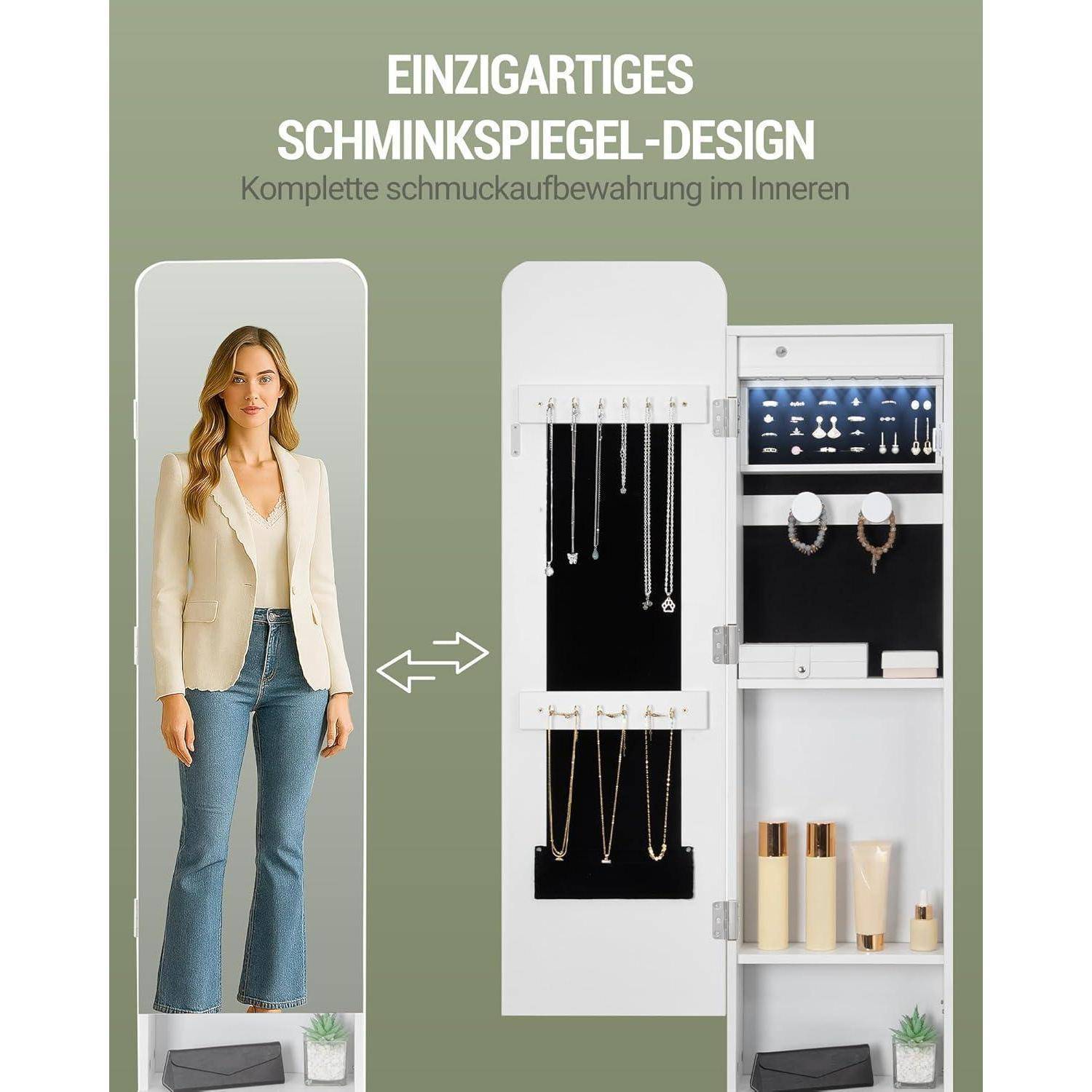 Anzeige für einen verspiegelten Schmuckschrank mit verborgener Lagerung, zeigt eine Frau neben dem Schrank und seine offenen Fächer für Halsketten, Ohrringe und Kosmetika.
