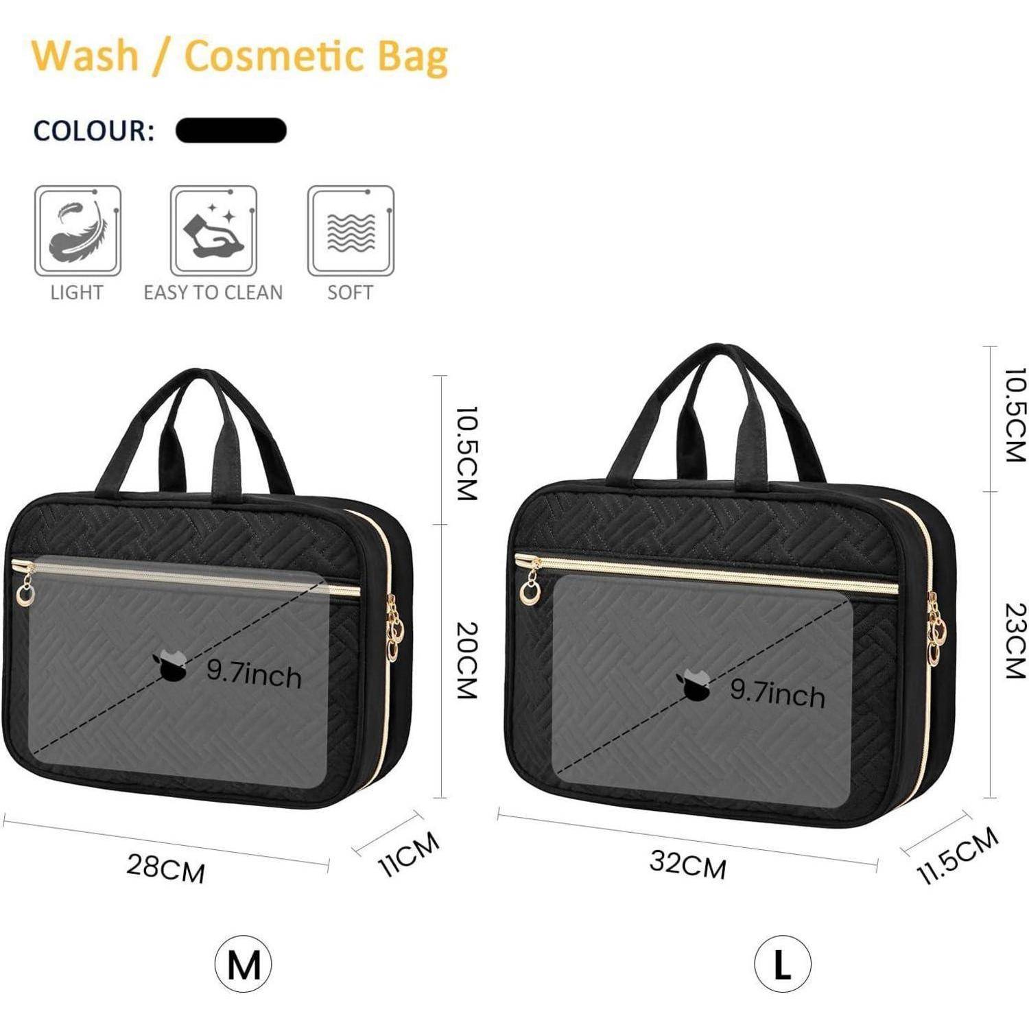 Produktvergleichsgrafik für eine schwarze Wäsche-/Kosmetiktasche in zwei Größen, M und L, mit den Eigenschaften leicht, einfach zu reinigen, weich und Abmessungen in Zentimetern.