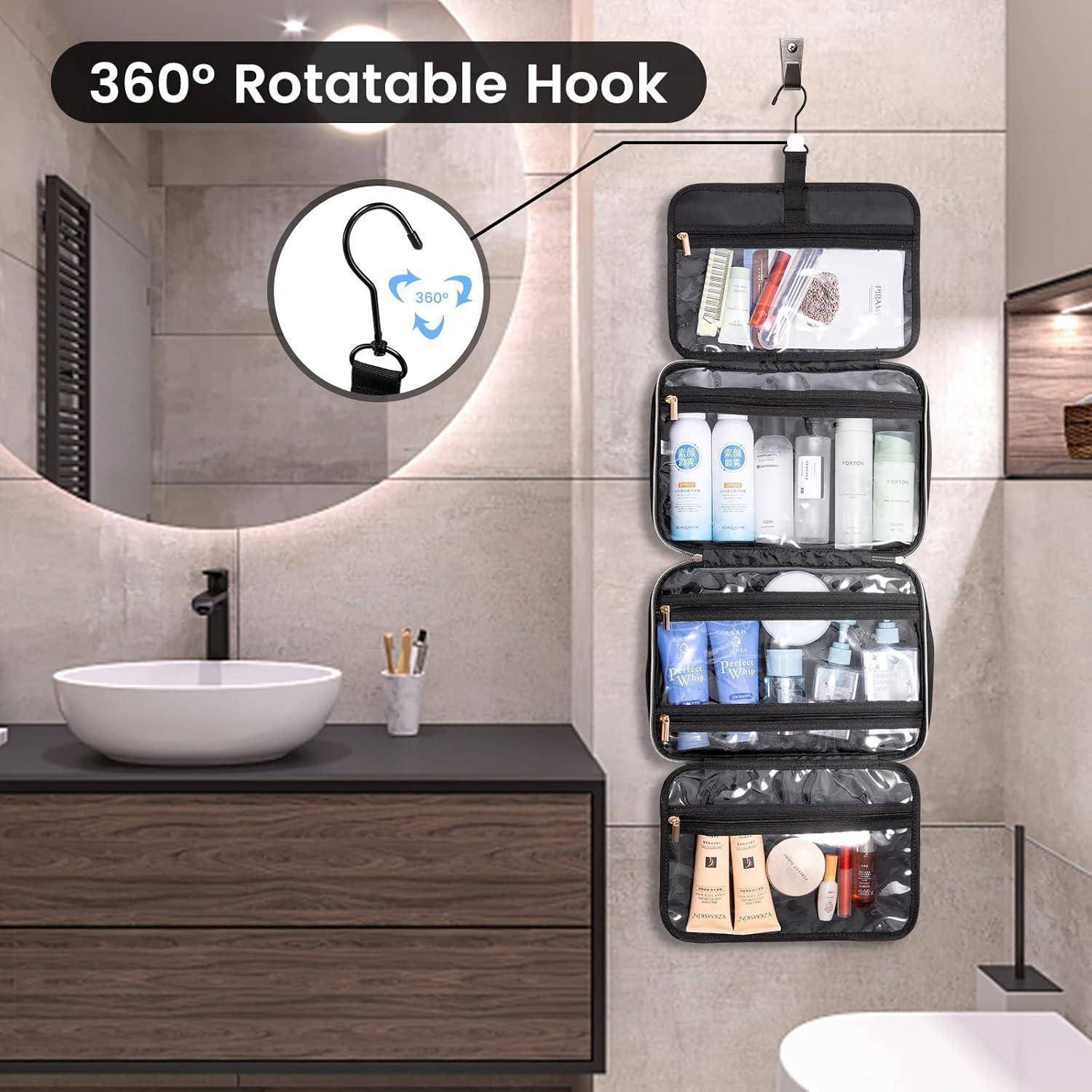 Badezimmer-Wandorganizer, der an einem 360° drehbaren Haken aufgehängt ist, mit vier verschließbaren Aufbewahrungsfächern für Toilettenartikel und Kosmetikprodukte.