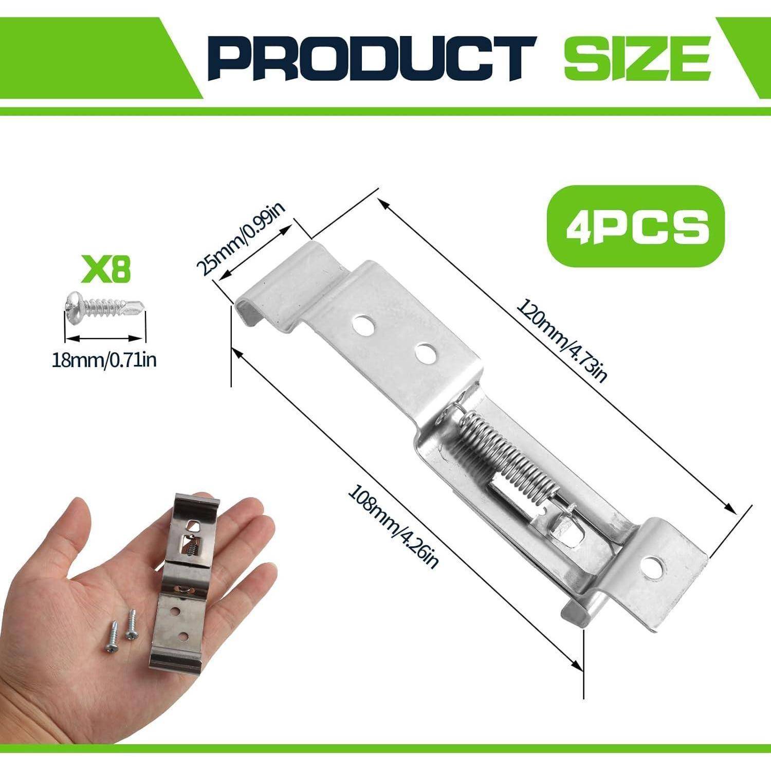 Größendiagramm des Produkts für einen 4-teiligen Metallfedern-Riegel: 120 mm lang, 25 mm breit, 108 mm Körperlänge, mit 8x Schrauben 18 mm lang; Inset zeigt Hand, die den Riegel hält.