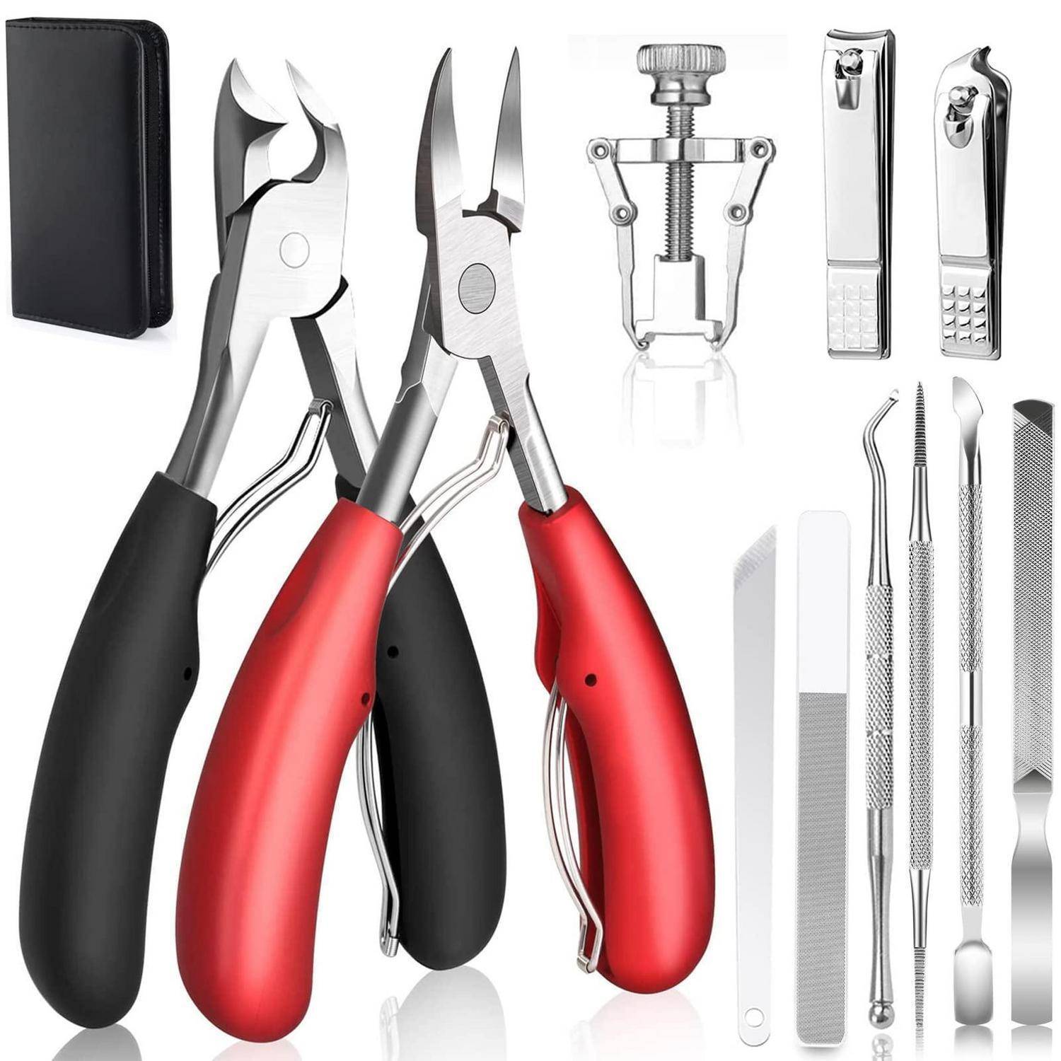 Maniküre- und Pediküre-Set mit Nagelknipsern, Nagelhautzangen, Pinzetten, Schere, Feilen und einem Nagelzieher in einem Transportkoffer.
