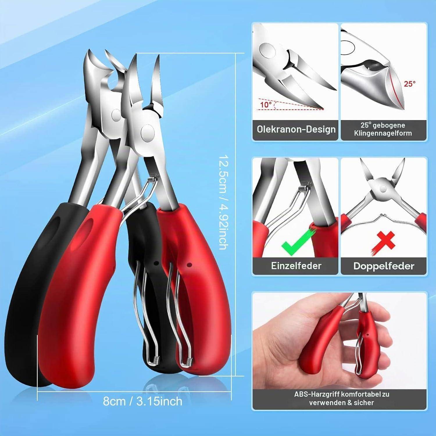 Produkt-Infografik von rot-schwarzen Nagelzangen/Nagelclipsern, die eine Größe von 12,5 cm, eine 25° abgewinkelte Klinge, ein Einfedern-Design und ergonomische ABS-Griffe zeigen.