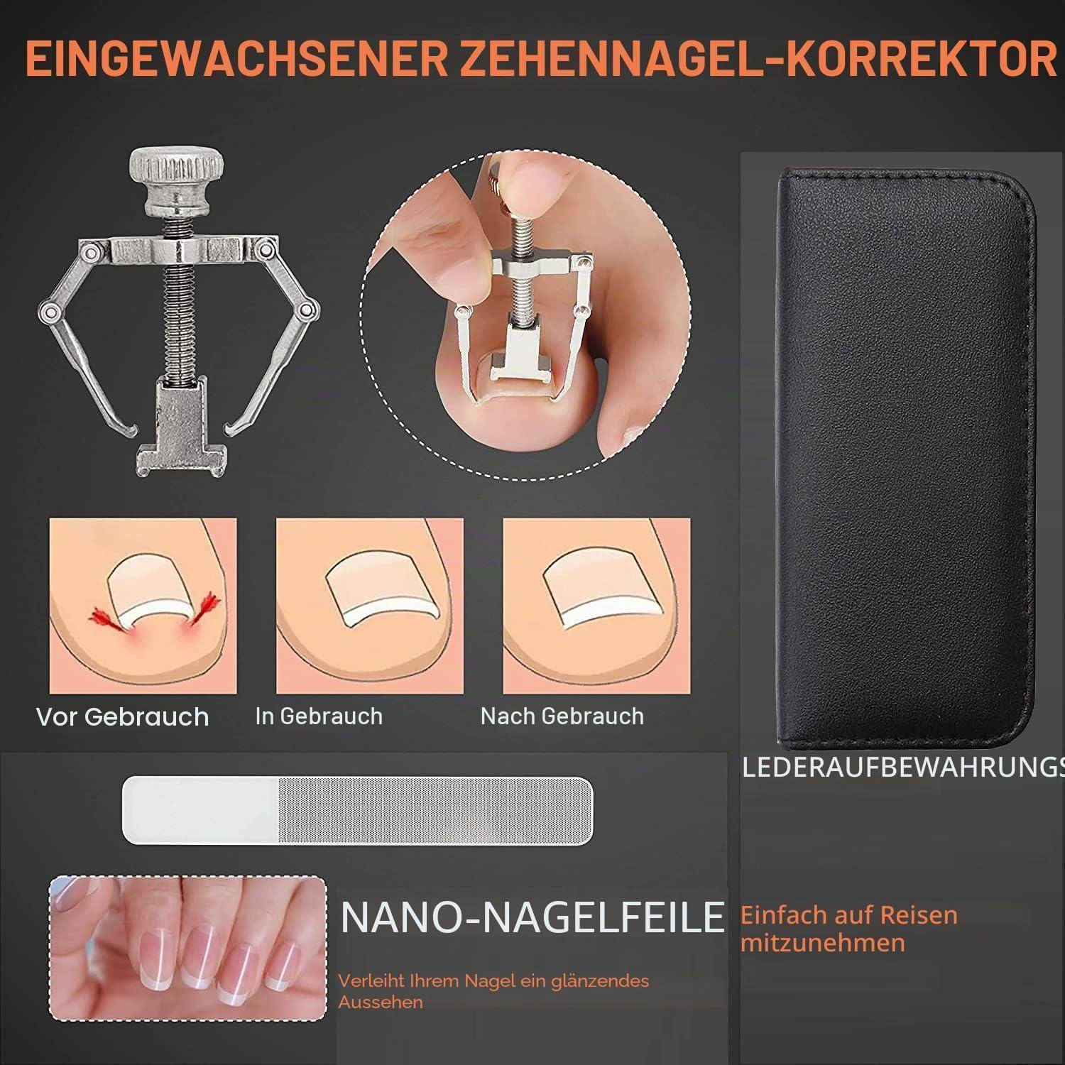 Werbekollage für einen Zehennagel-Begradiger und Nano-Nagelfeile, die das Werkzeug in der Anwendung zeigt, Vorher-Während-Nachher-Nageldiagramme und eine Ledertasche zur Aufbewahrung.