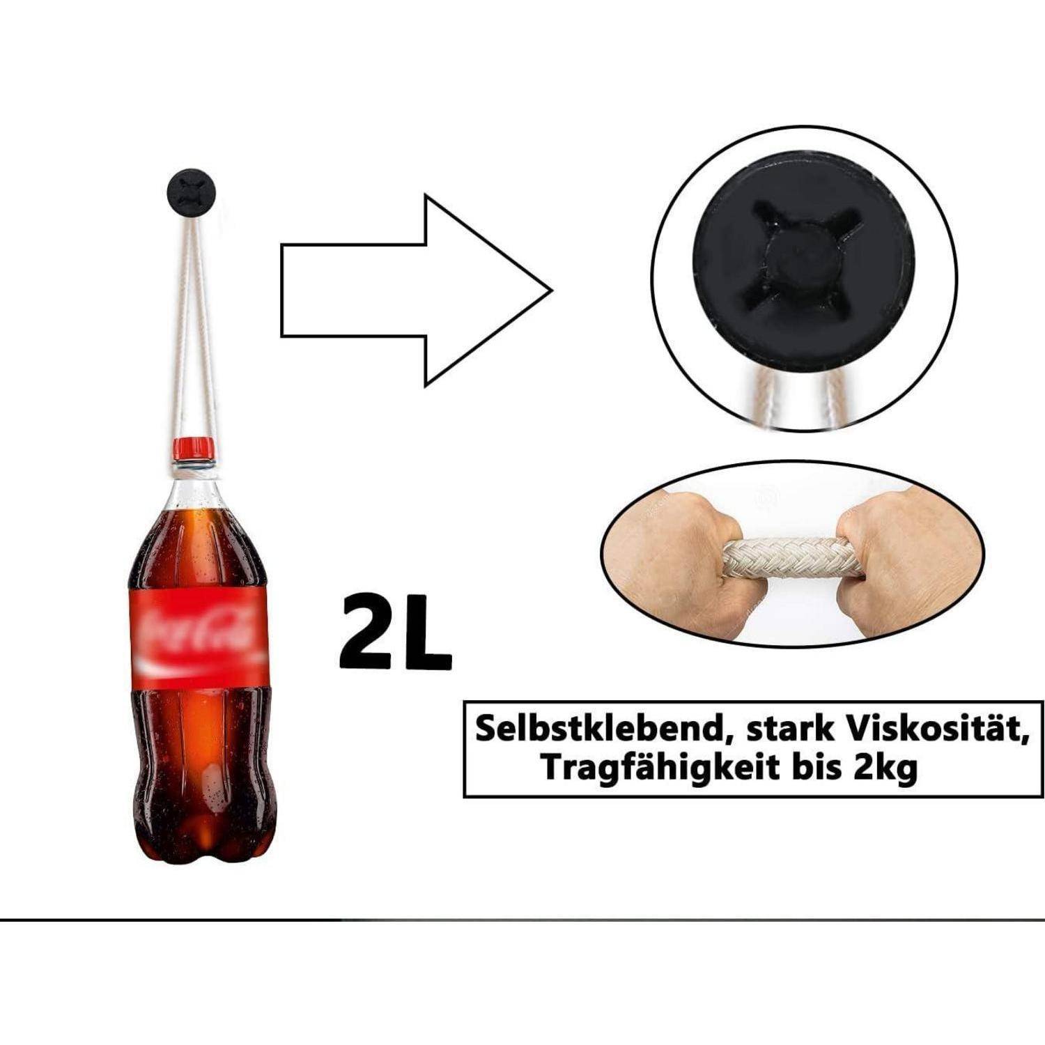 Werbebild einer 2-Liter-Flasche, die an einem selbstklebenden Haken hängt, mit Nahaufnahmen des Hakenkopfs und Händen, die ein Seil greifen; Text besagt „Selbstklebend, starke Viskosität, Tragfähigkeit bis 2kg".