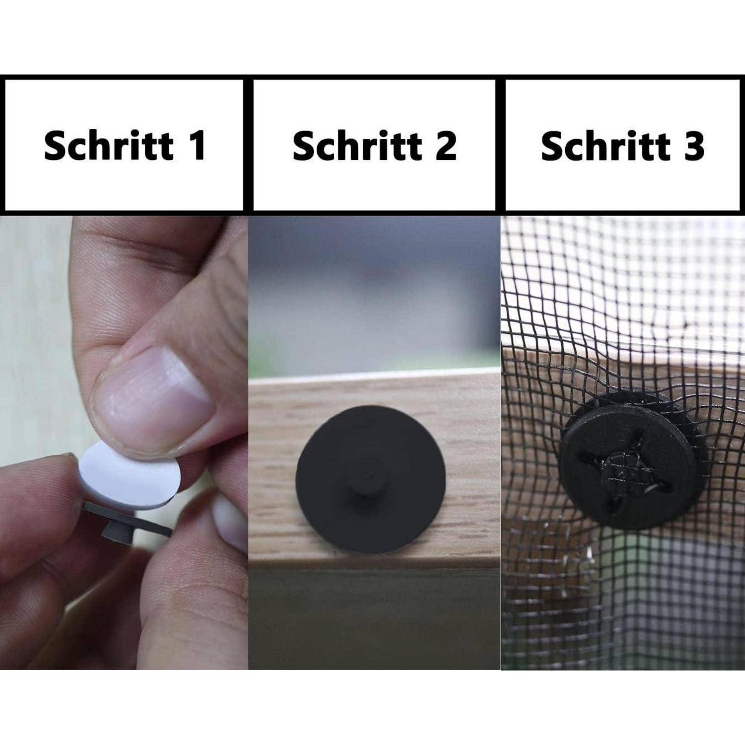 Dreiteiliges Bild, das zeigt, wie man einen runden Clip oder Knopf anbringt: Schritt 1 Teile von Hand zusammendrücken, Schritt 2 auf eine Oberfläche legen, Schritt 3 Netz oder Stoff mit dem Clip sichern.