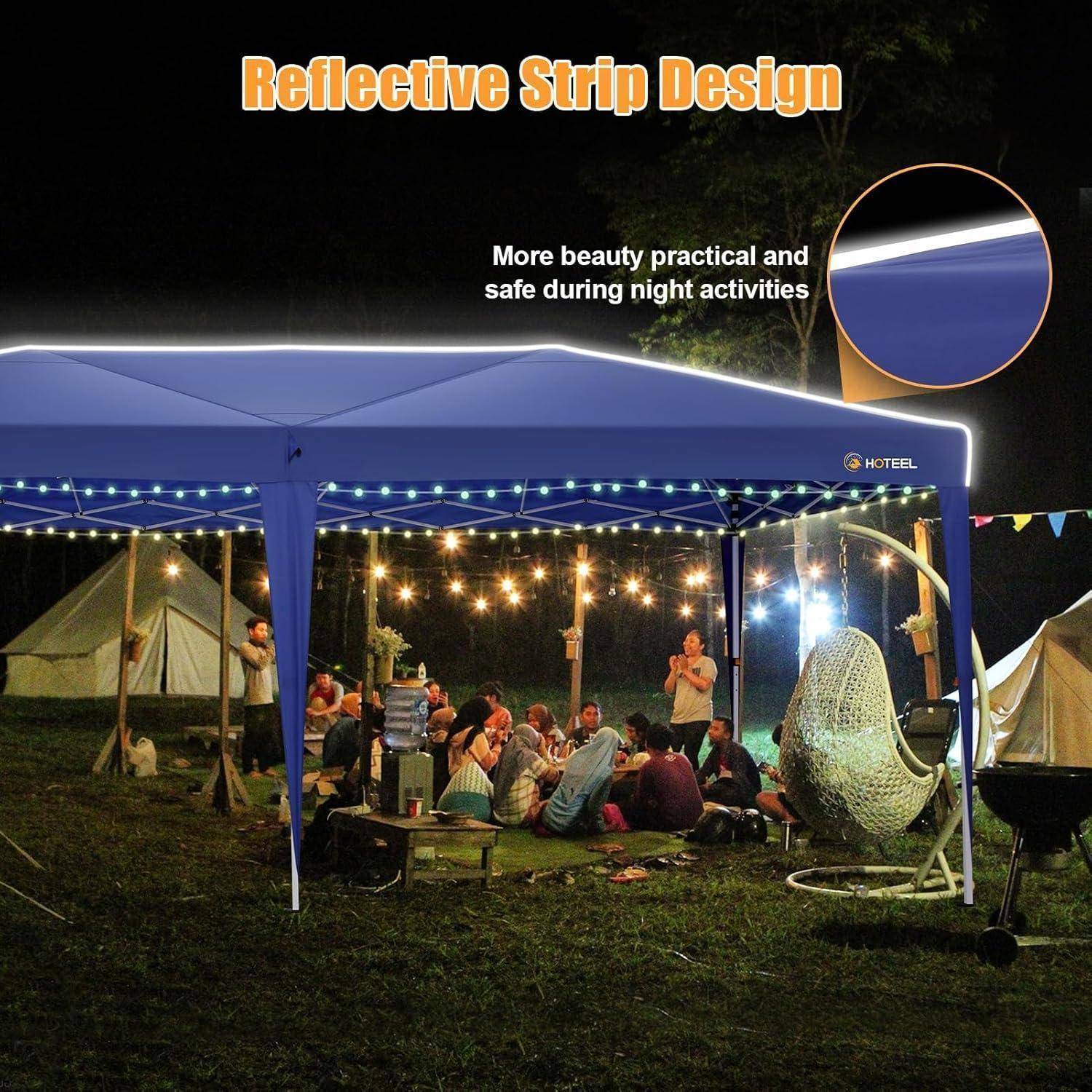 Outdoor-Campingzelt für den Nachtbereich mit reflektierendem Streifendesign, das als sicherer und sichtbarer für nächtliche Aktivitäten dargestellt wird, mit Menschen, die sich darin unter Lichterketten versammeln.