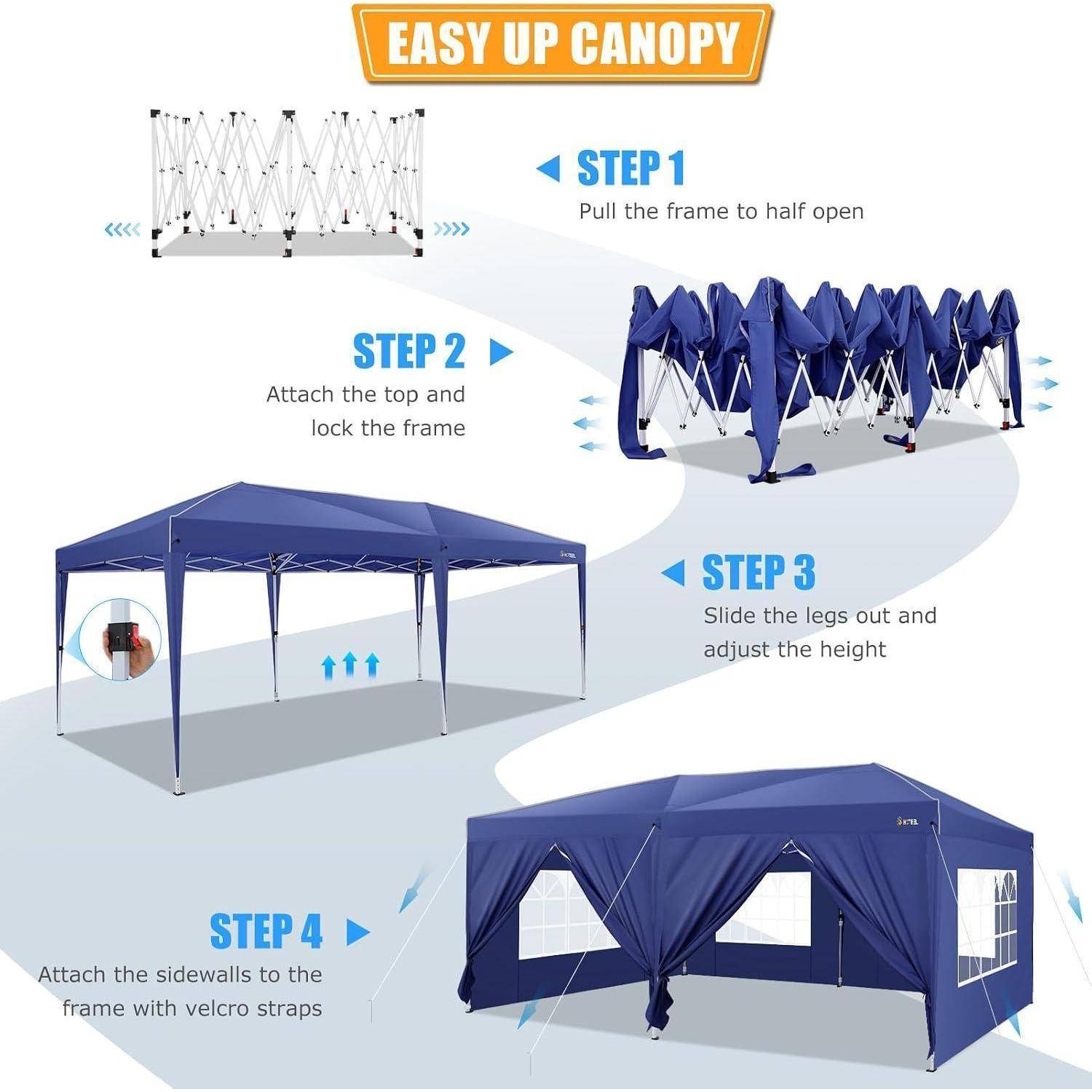 Infografik mit dem Titel "EASY UP CANOPY"" zeigt vier Einrichtungsschritte: Rahmen aufziehen, Oberteil anbringen und Rahmen sperren, Beine ausziehen und Höhe anpassen, dann Seitenwände mit Klettverschlussgurten anbringen.