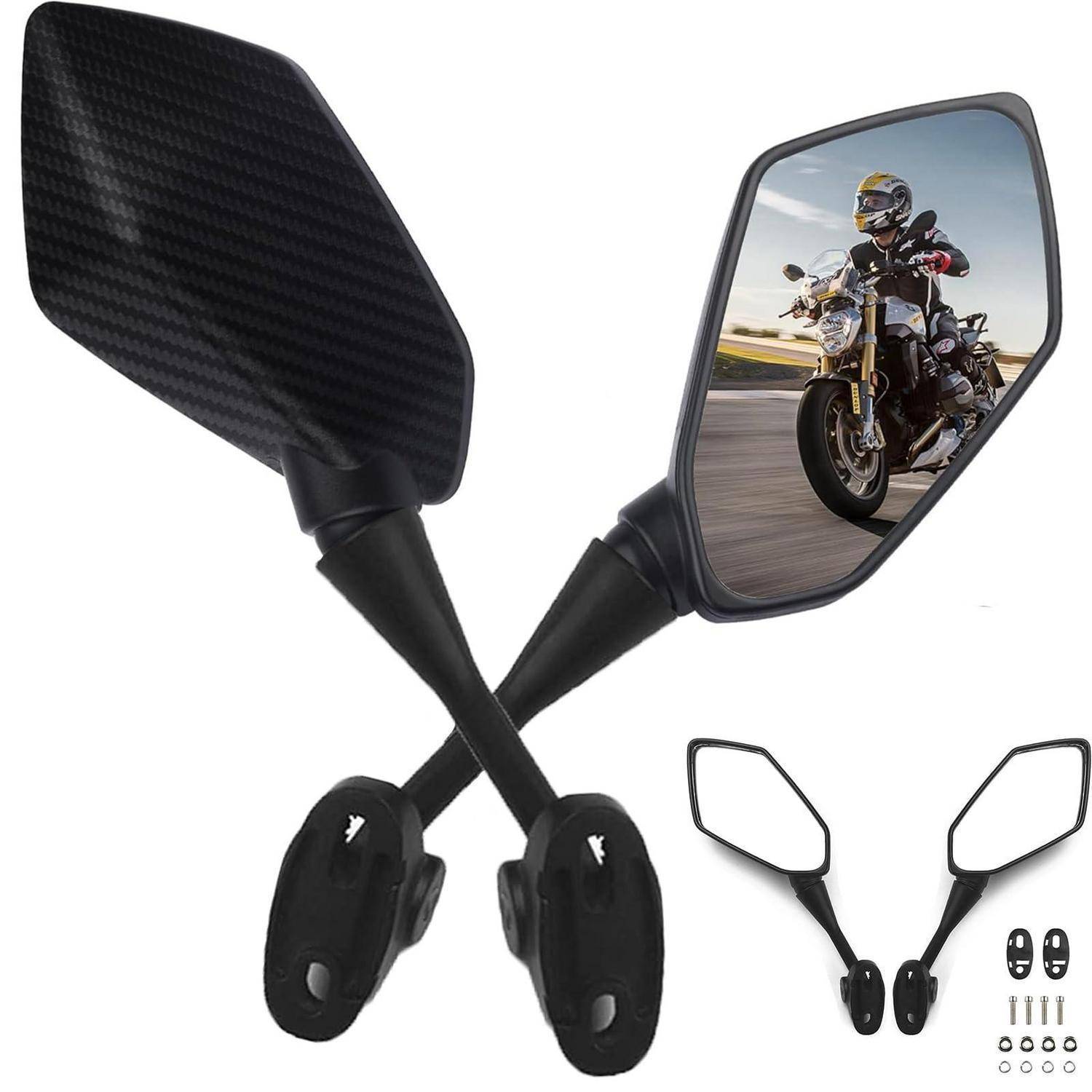 Paar schwarze Motorrad-Rückspiegel, einer zeigt einen Fahrer gespiegelt, mit Montagezubehör im Lieferumfang enthalten.