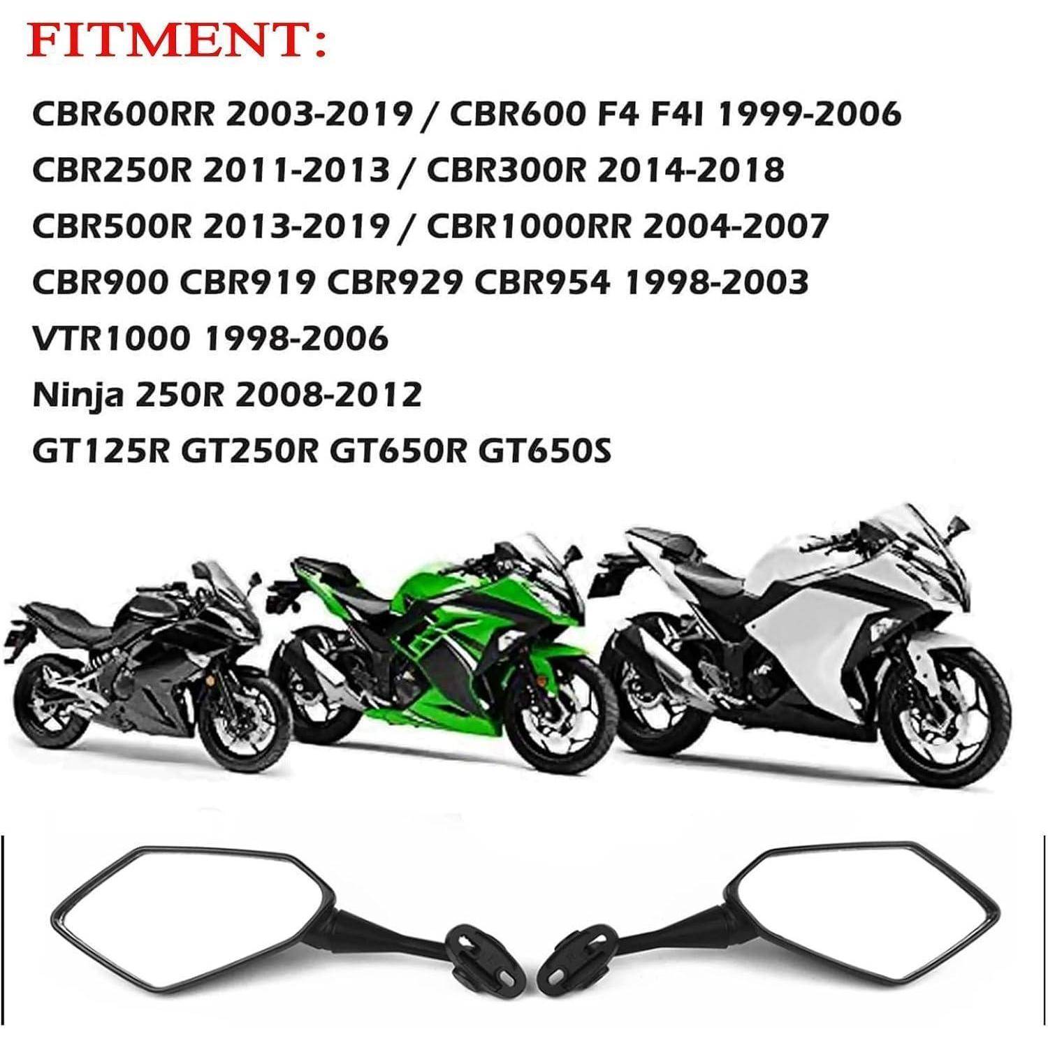 Motorrad-Seitenspiegel mit aufgelisteten Kompatibilitäten für mehrere Kawasaki-, Honda-, Suzuki- und Yamaha-Sportmotorräder; das Produktbild zeigt das Spiegelpaar.