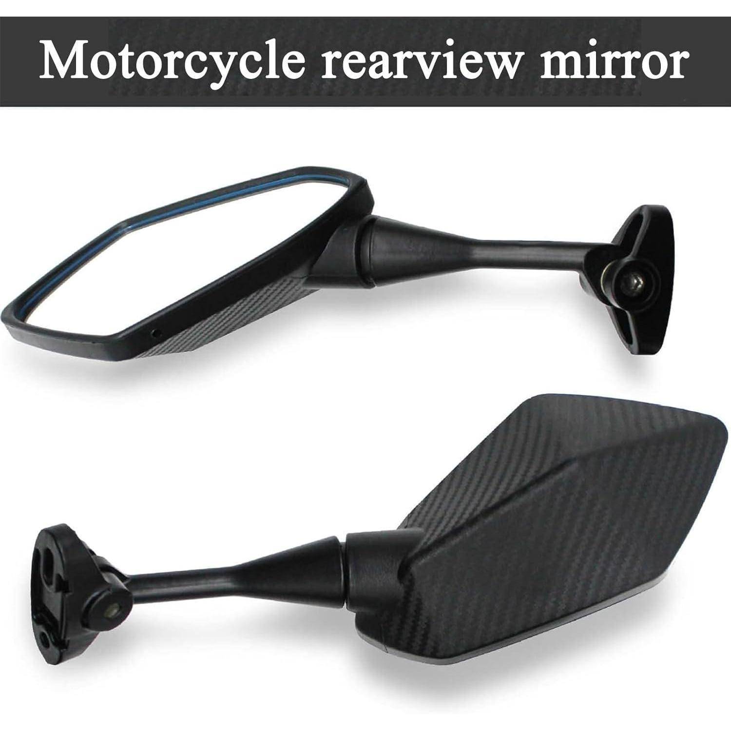 Produktbild eines schwarzen Motorrad-Rückspiegels von zwei Winkeln gezeigt, mit rechteckigem Spiegelkopf und Montagestiel.